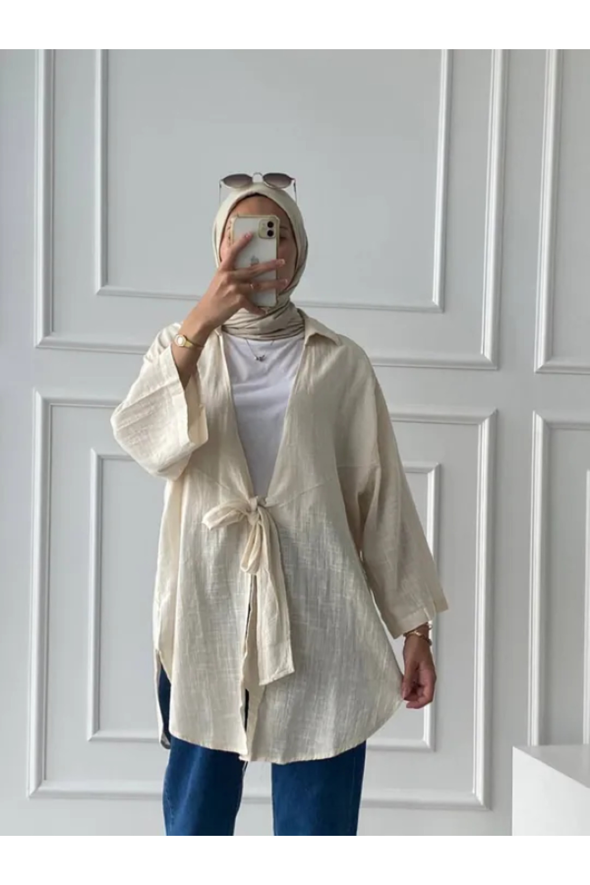 Kadın Keten Kimono Gömlek Taş Uzun Kollu - Görsel 5