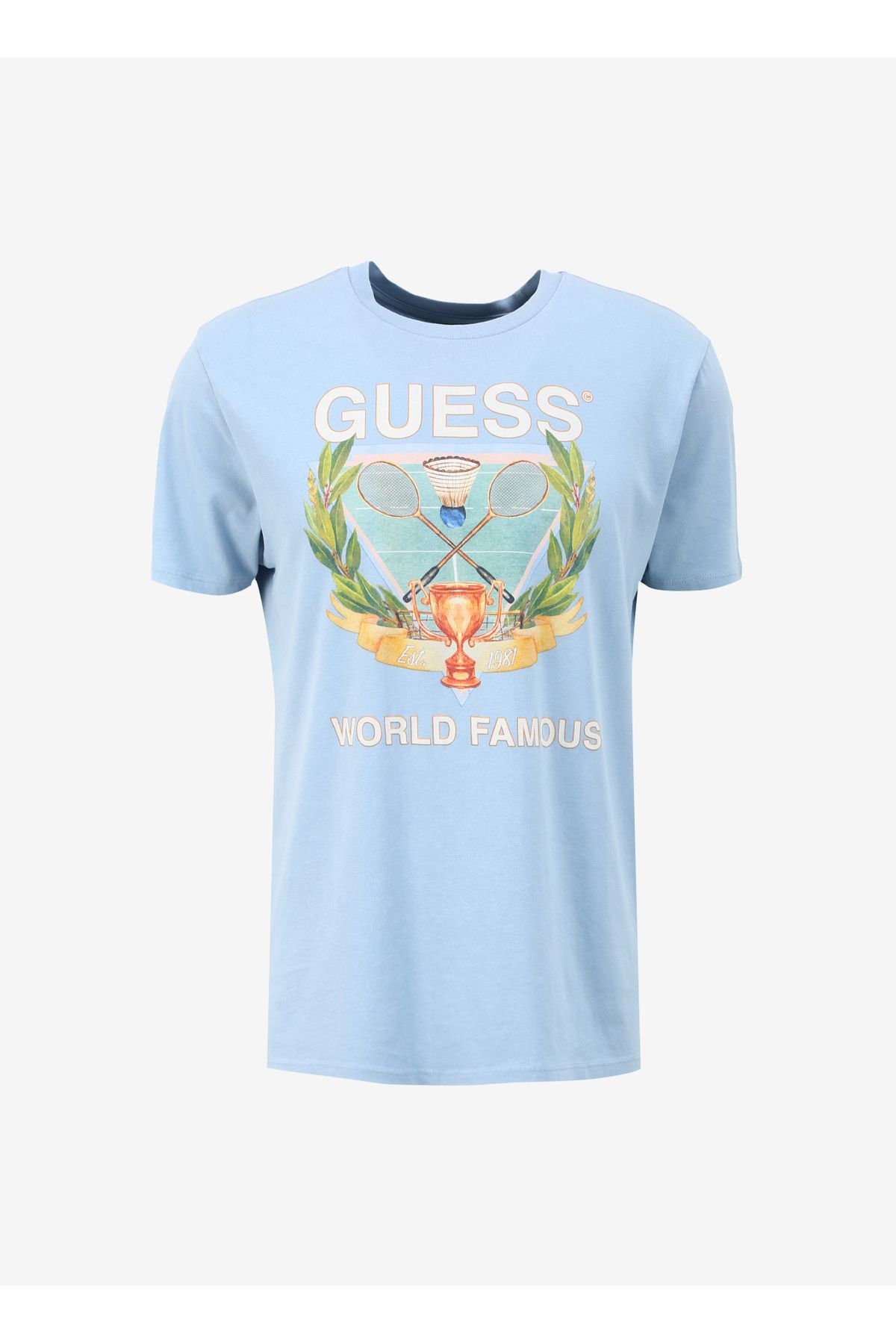 تی شرت آبی مردانه با یقه دوچرخه طرح دار BSC مشهور Guess
