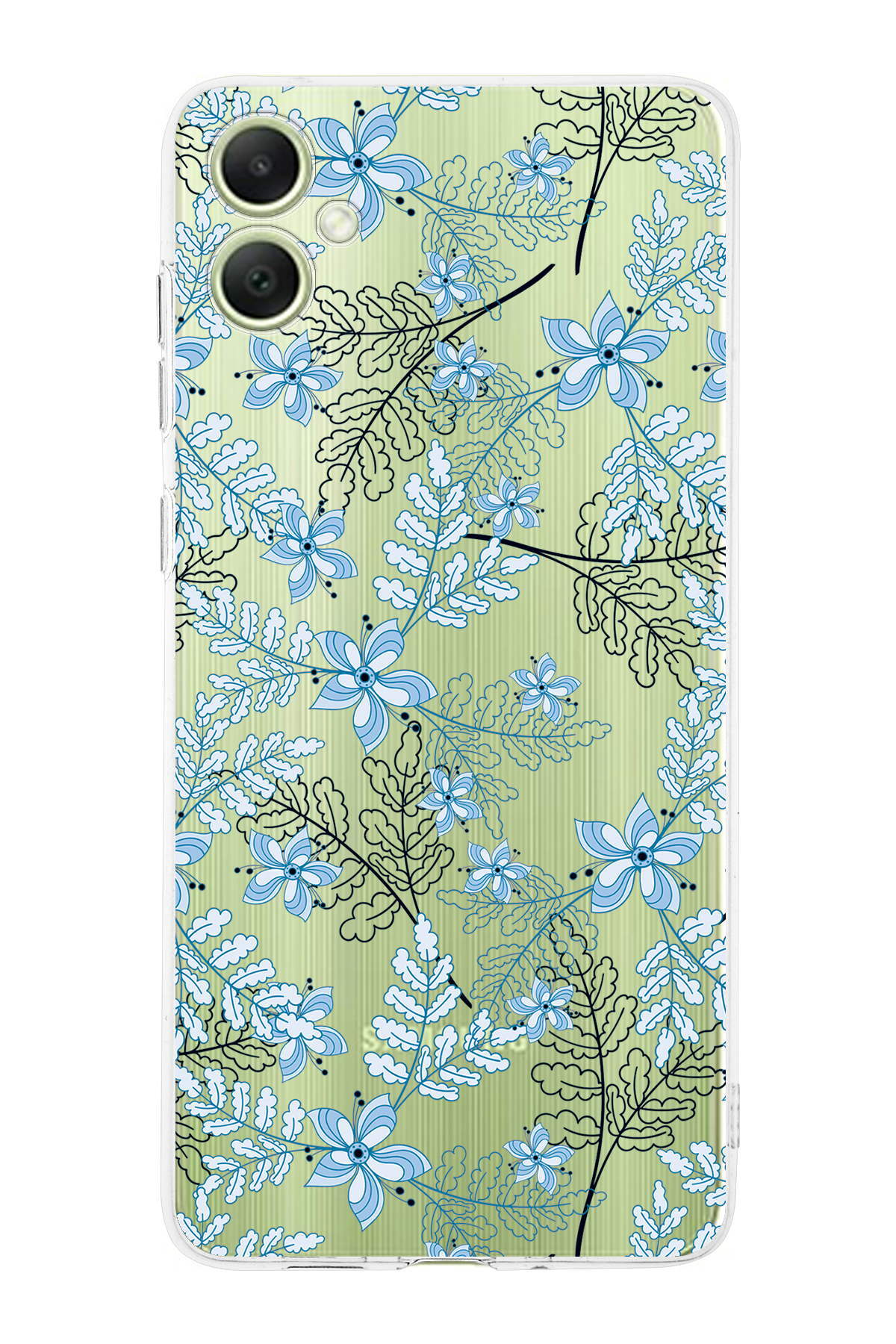 Samsung A05 Uyumlu Kamera Korumalı Floral Mavi Tasarımlı Şeffaf Silikon Kılıf