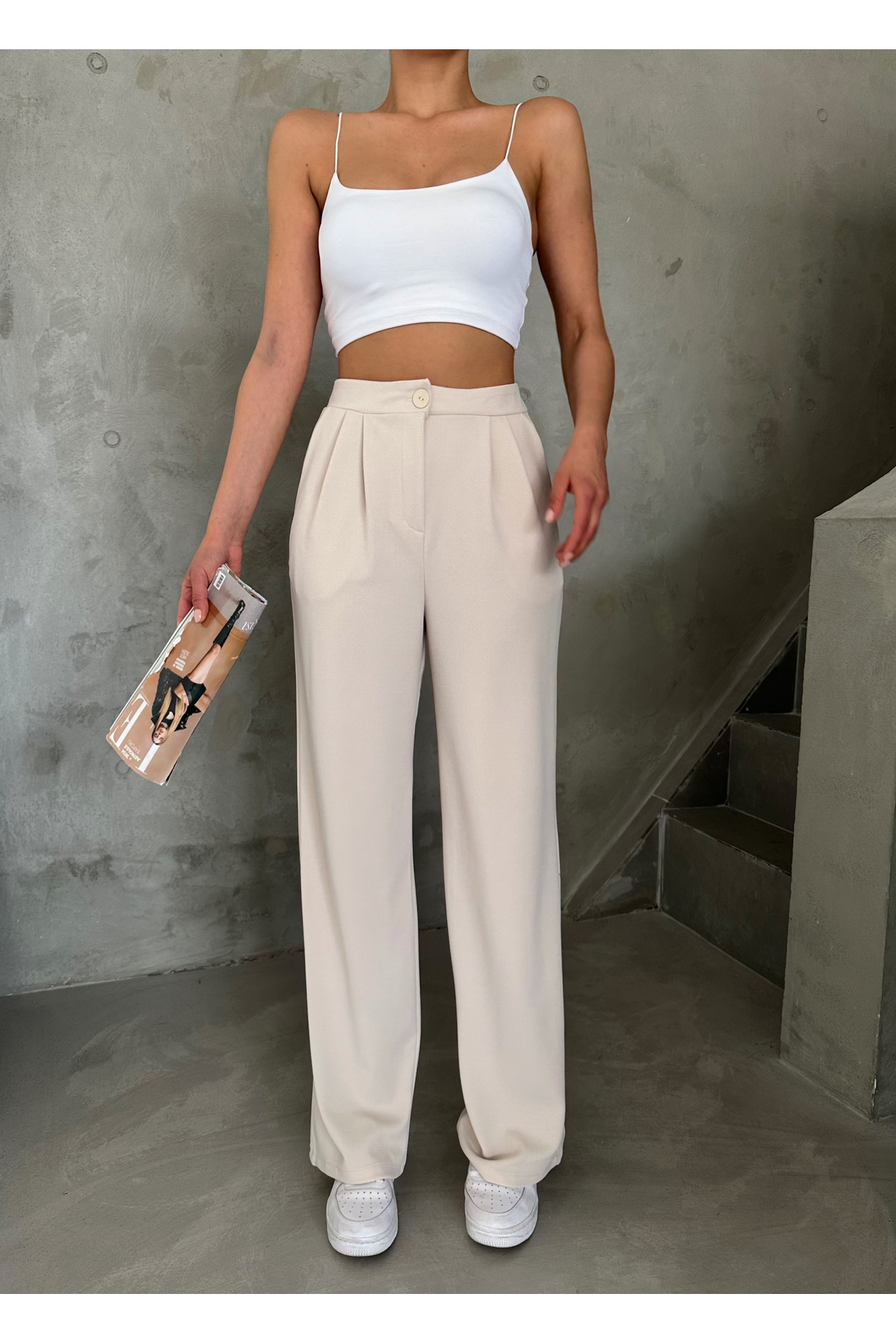 Laluvia  Taş Rengi Düğmeli Pile Detaylı Palazzo Pantolon