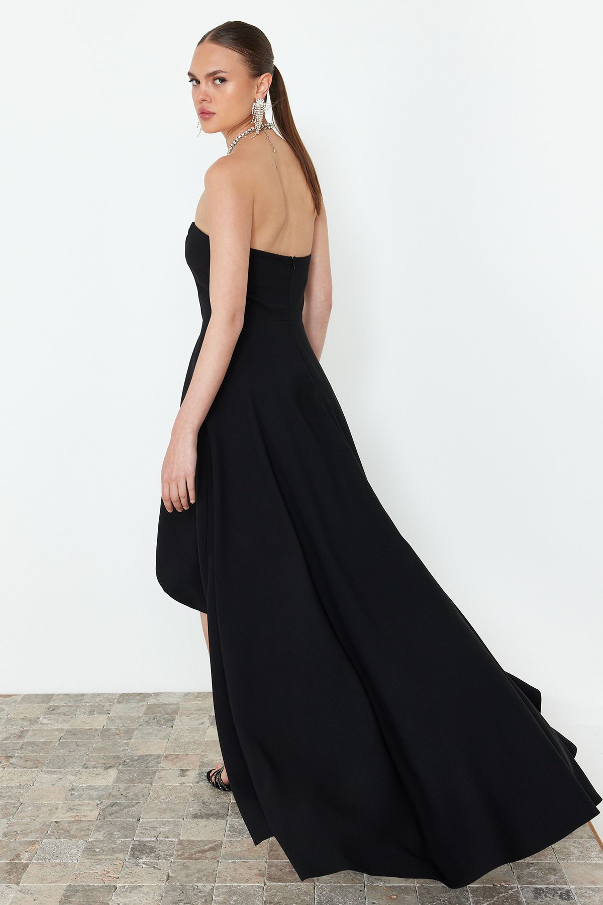 Trendyol Collection-Black Long A-Cut Woven Evening Dress with Stone Accessories - TPRSS24AE00175 2
