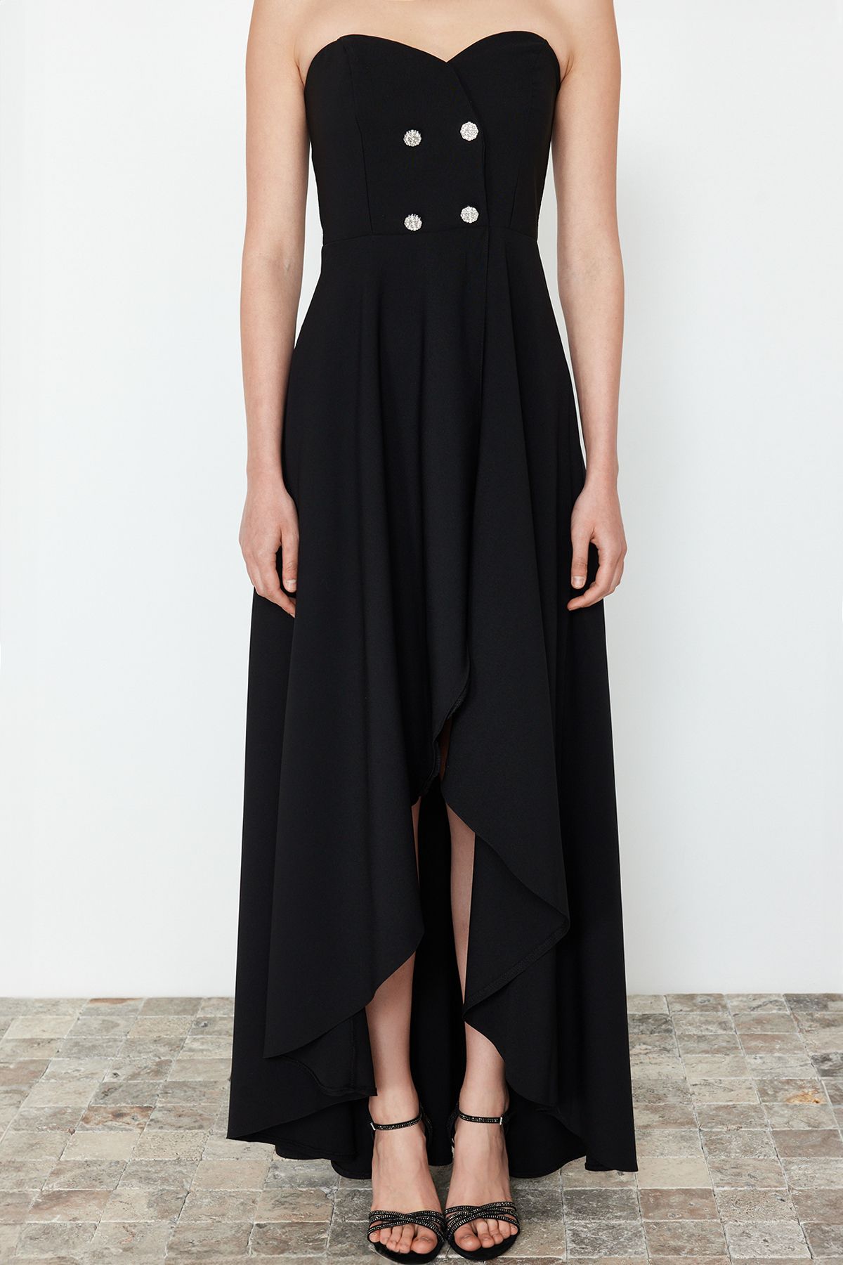 Trendyol Collection-Black Long A-Cut Woven Evening Dress with Stone Accessories - TPRSS24AE00175 4