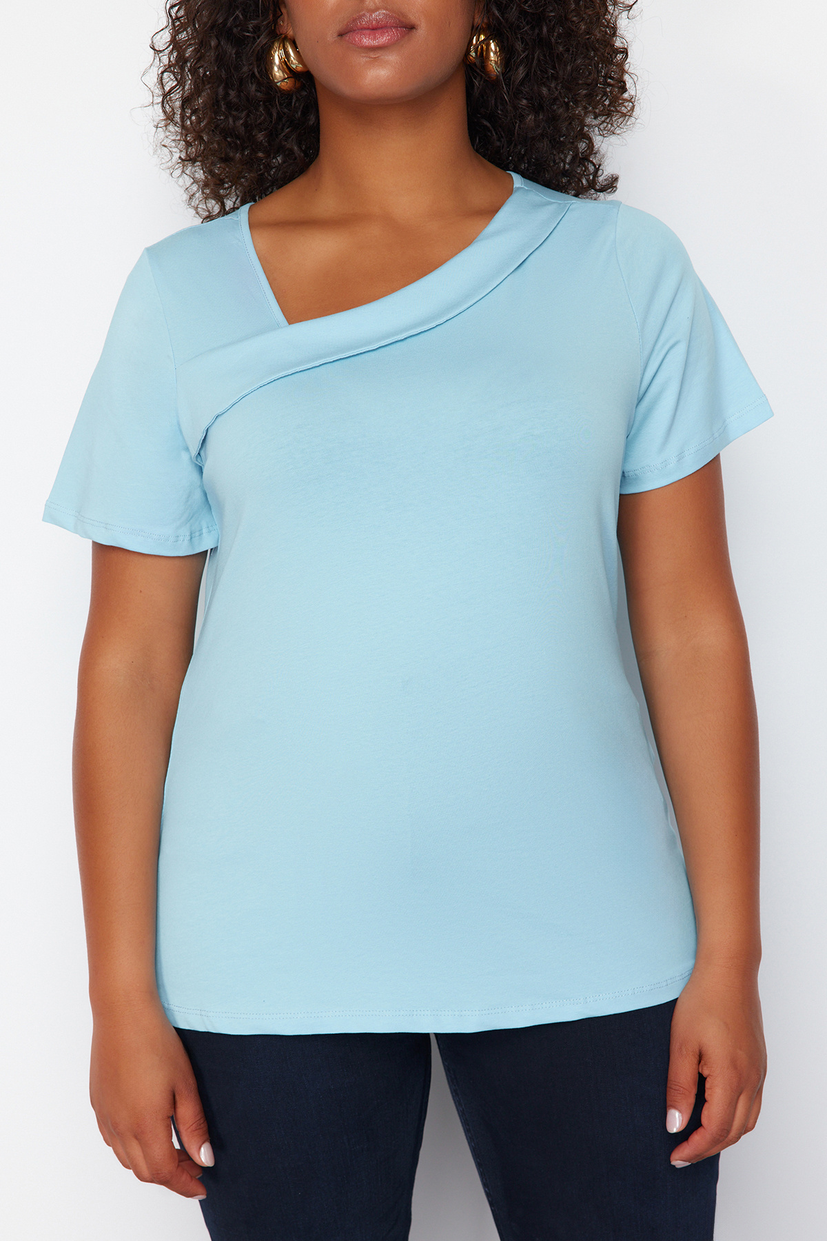 Trendyol Curve-Light Blue Single Jersey Knitted Plus Size Blouse TBBSS24AF00077 4