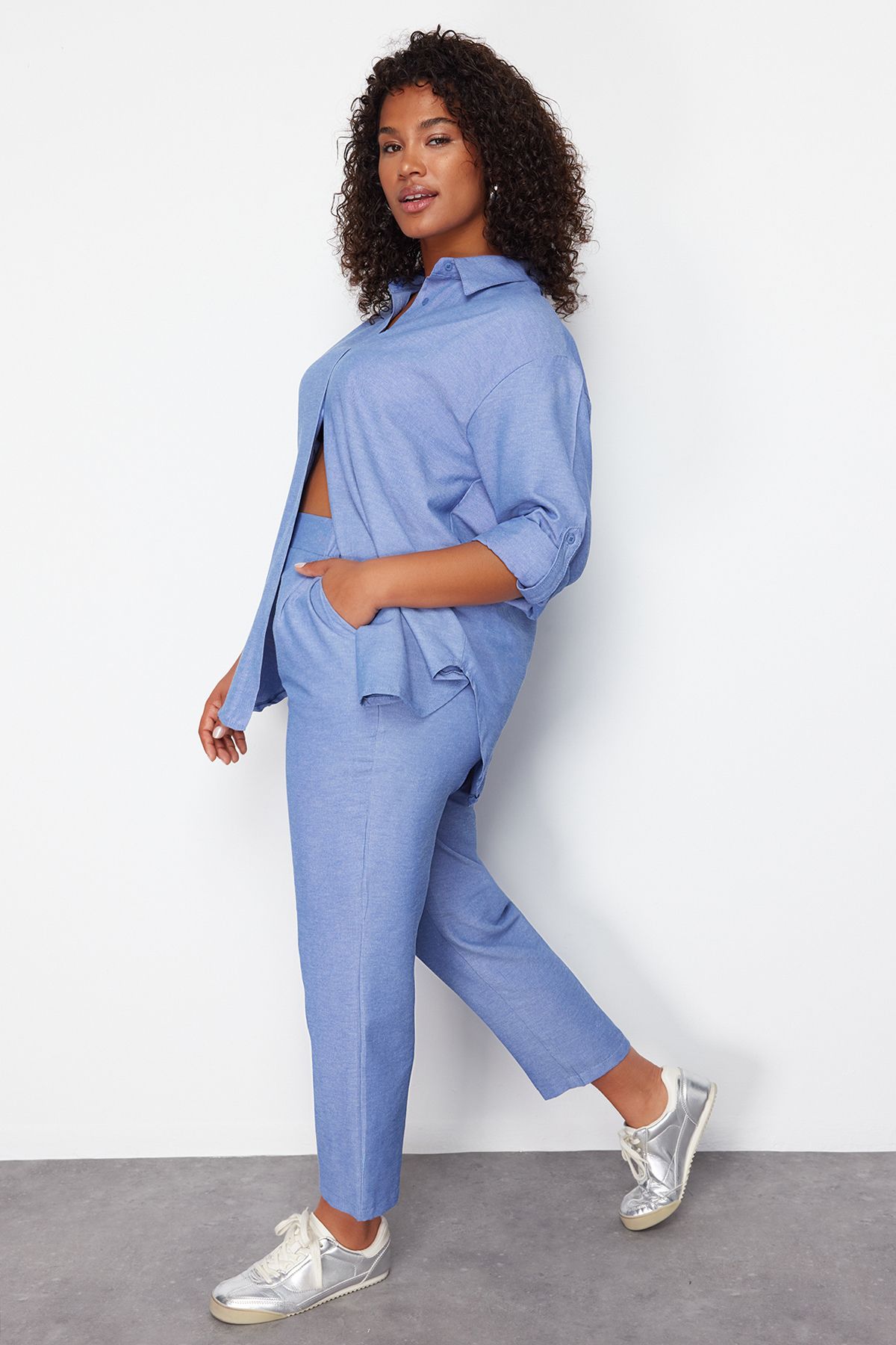 Trendyol Curve-Blue Woven Plus Size Top and Bottom Set 3