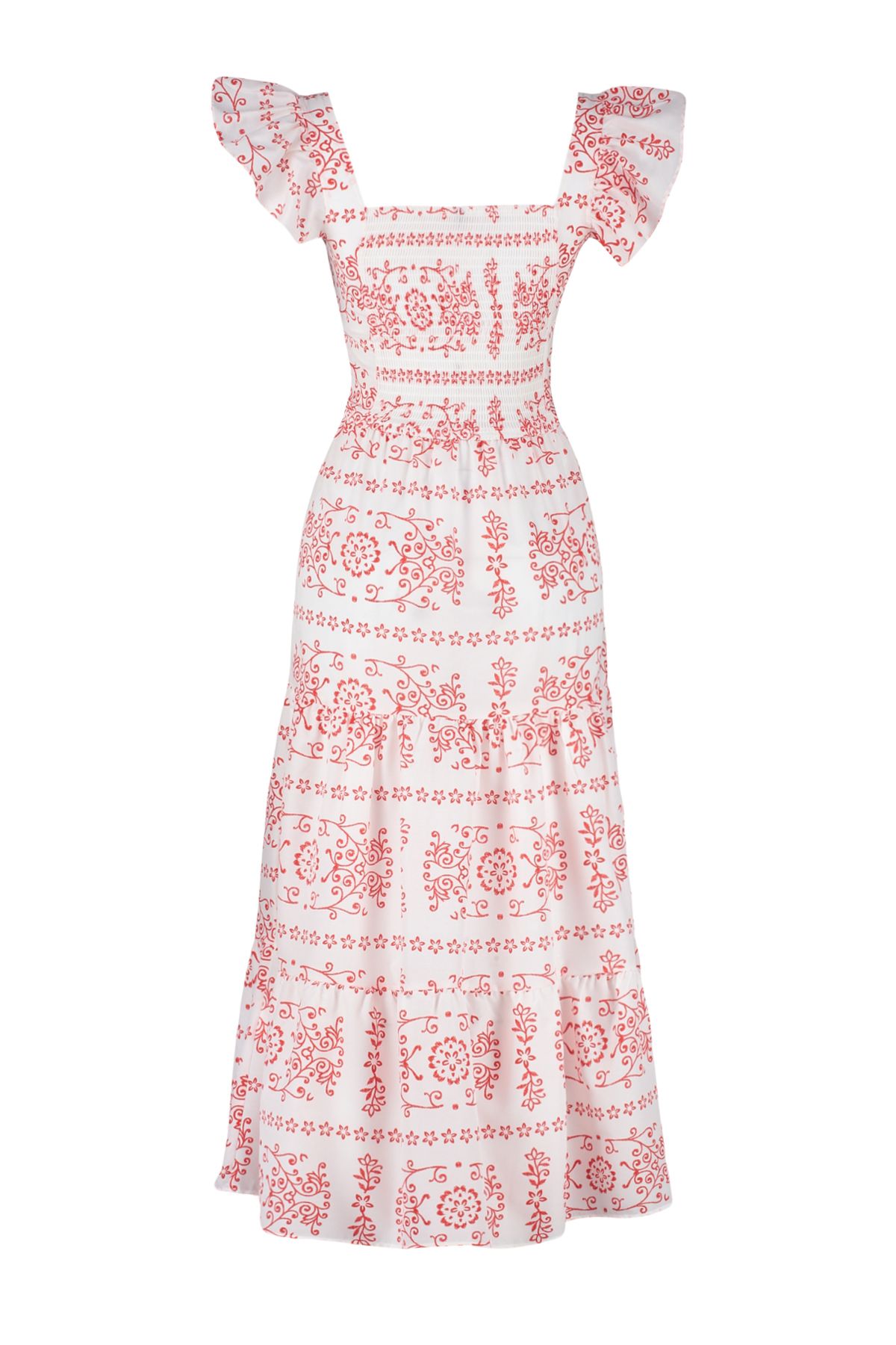 Trendyol Collection-Red Ethnic Patterned Skirt Waist Opening Square Collar Woven Dress TWOSS23EL01910 8