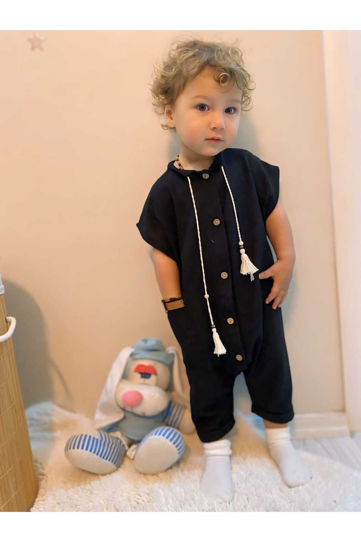 MERRAKİDS-Black Jumpsuit - Buttoned, Sorted and Tassel Detailed 5