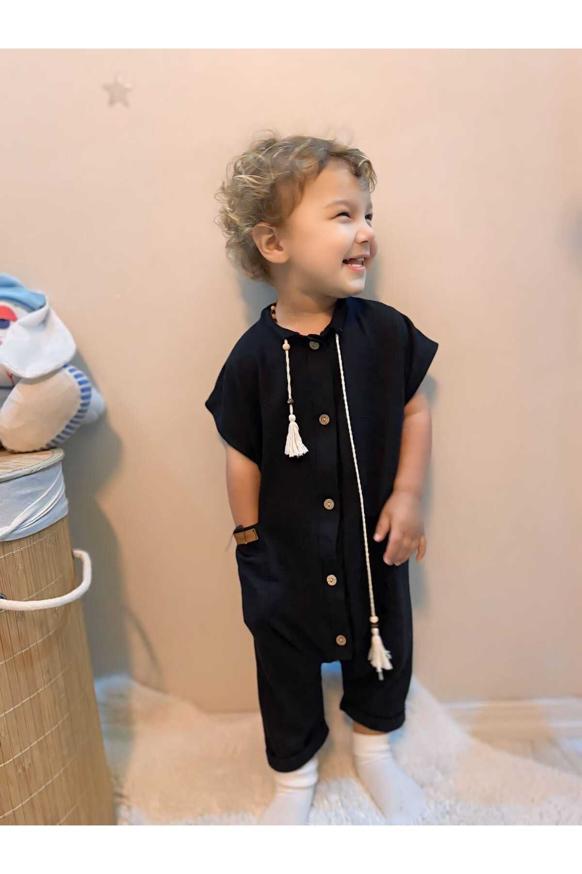 MERRAKİDS-Black Jumpsuit - Buttoned, Sorted and Tassel Detailed 3