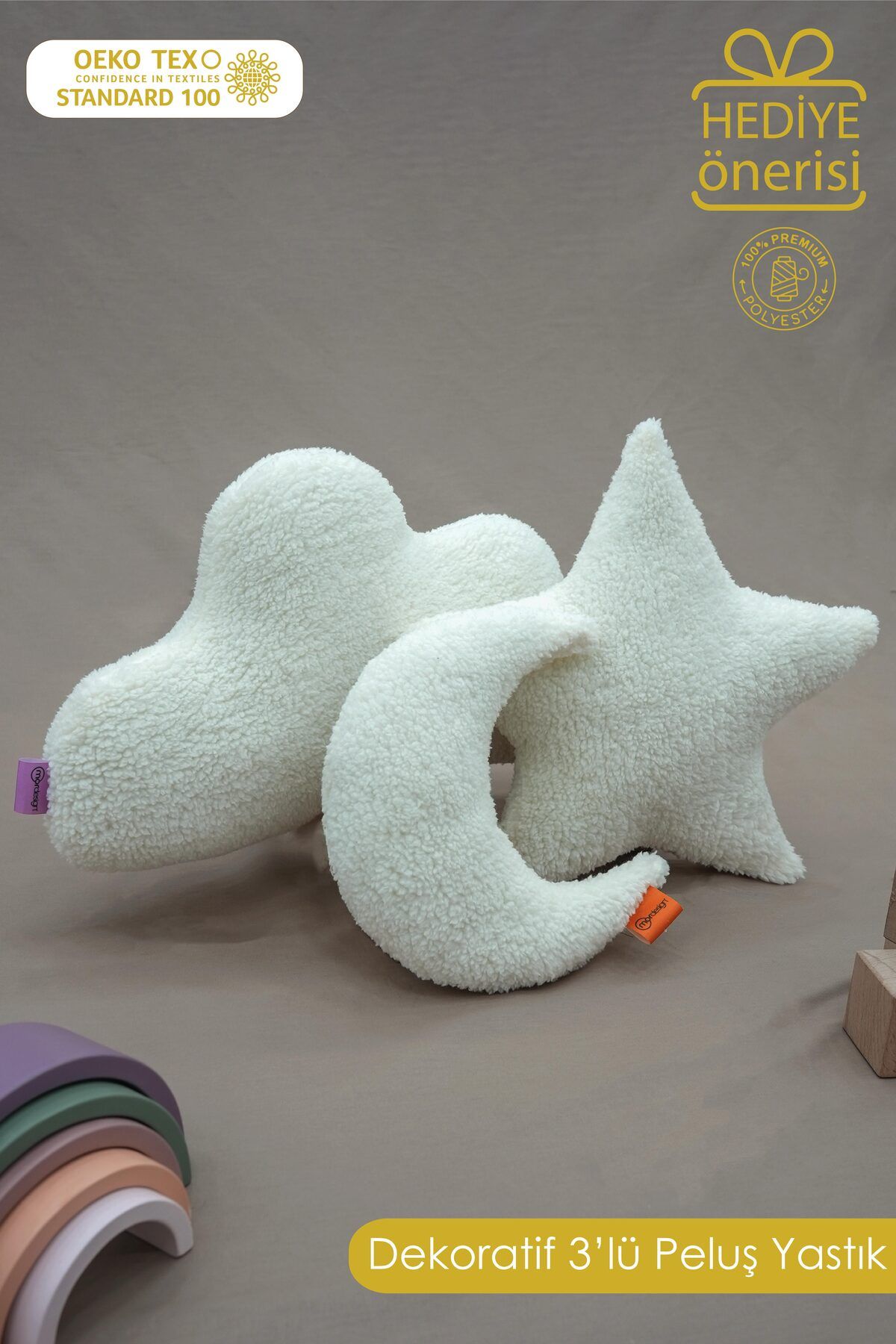 mordesign 3'lü Dekoratif Pelüş Yastık, Premium Peluş Bulut Yıldız Ay Bebek Yastığı Sky Serisi ZG10066