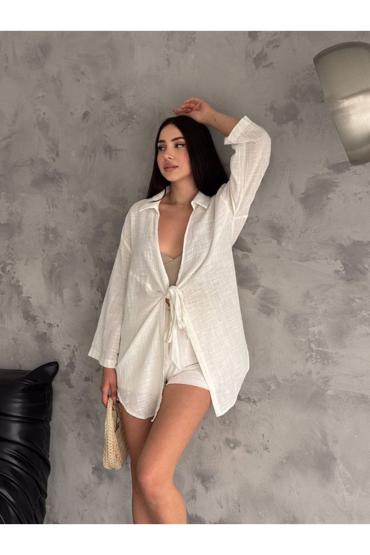 ZF BUTİK-Biała lniana koszula kimono w kolorze płomieni 2