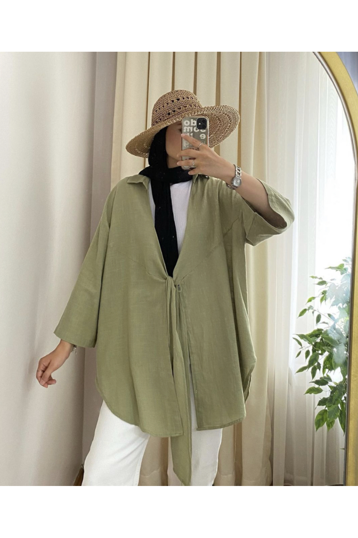 Kadın Haki Keten Kimono Gömlek Bisiklet Yaka Regular Kesim