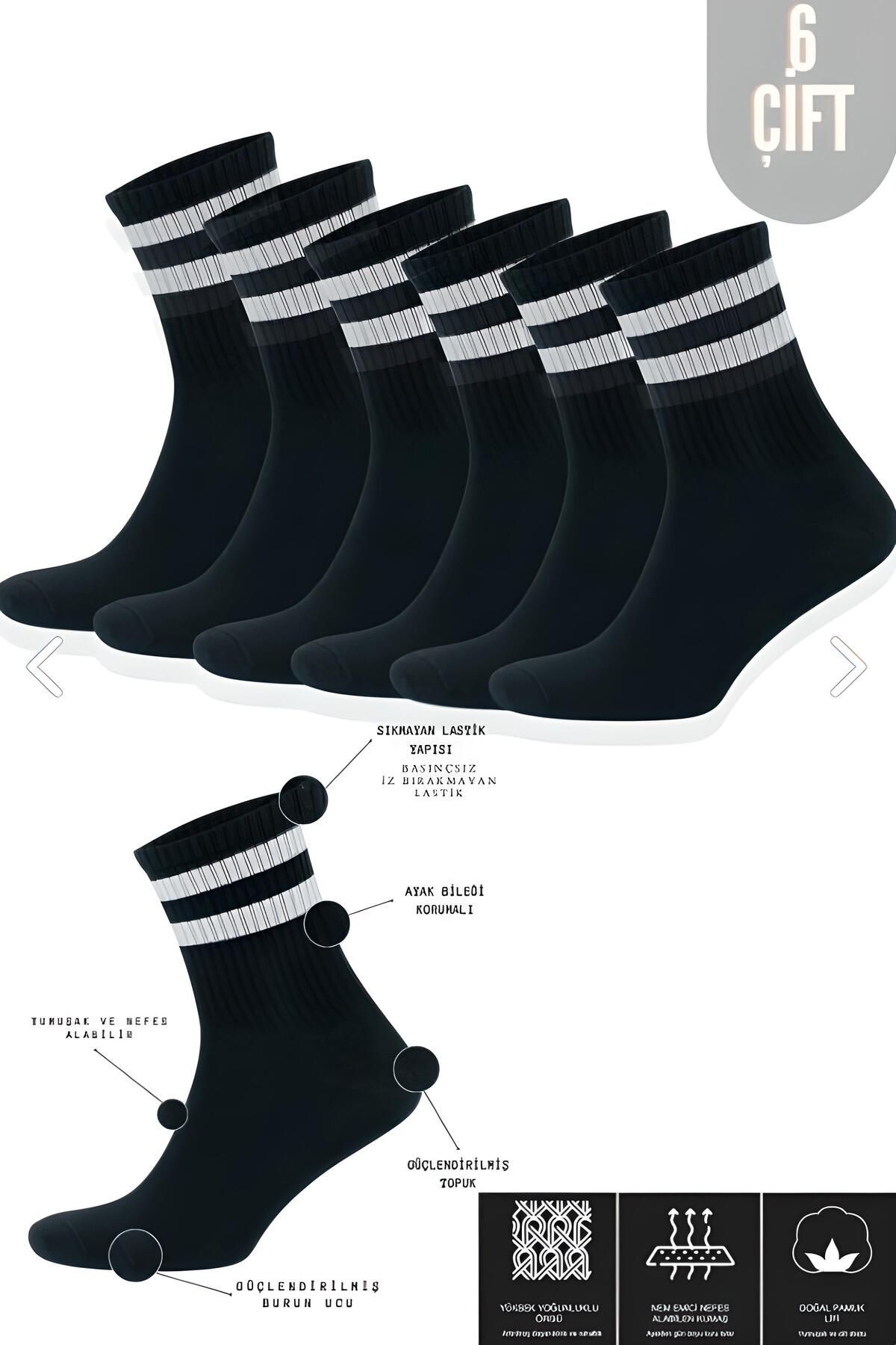 6-Pack Men's Black Cotton Striped College Socks Reinforced Heel Nose Sports Socks Set