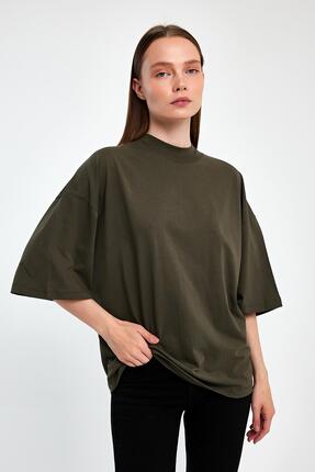 FİHA /3012-KADIN YARIM BALIKCI YAKA KISA KOL T-SHIRT - HAKİ