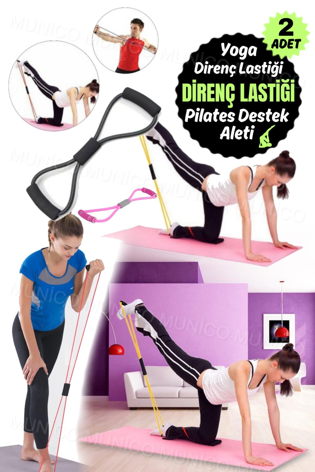 Munico 2 Adet Yoga Fitness Elastik Direnç Bandı Sekiz Şekilli Ralli Bayanlar Lateks Egzersiz Direnç Lastiği