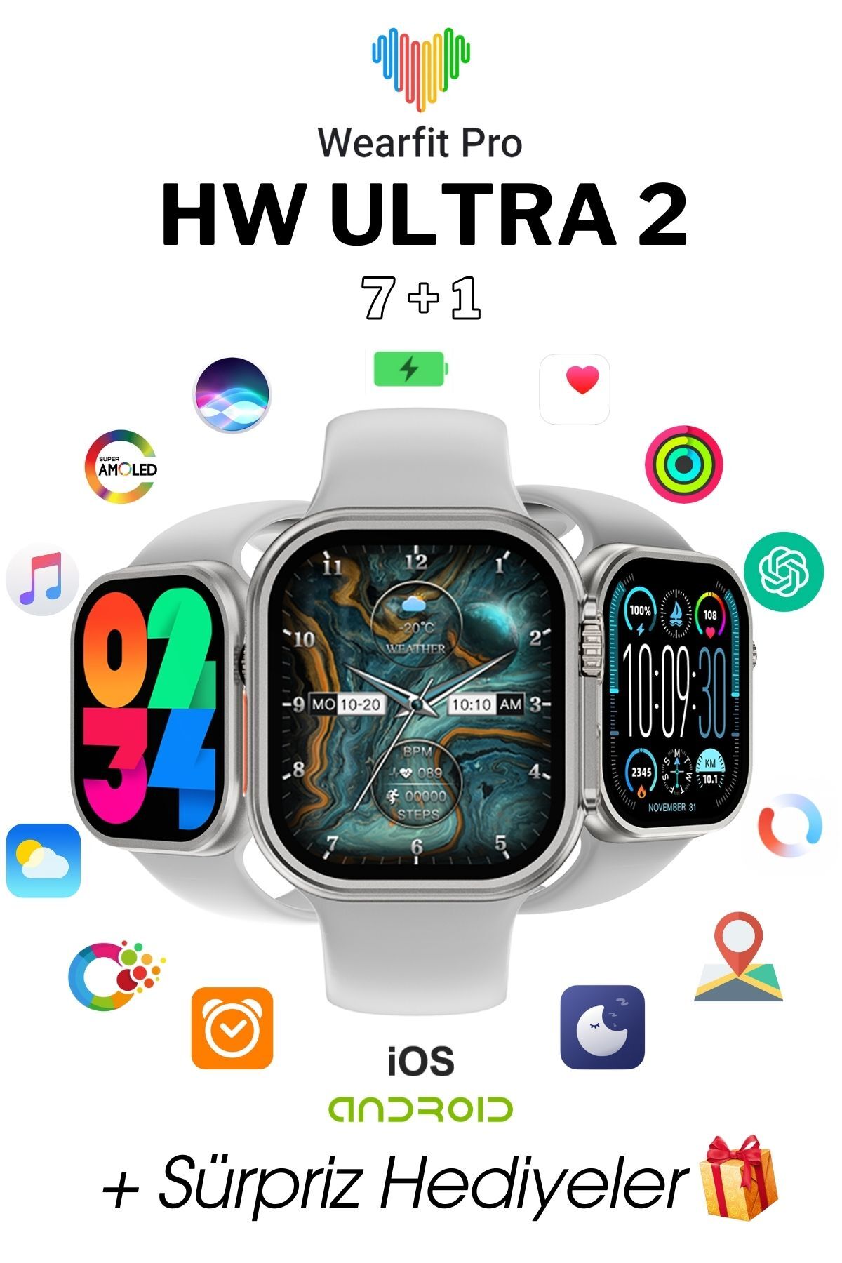 Wearfitpro WEARFİT HW ULTRA 2 7 KORDONLU Akıllı Kol Saati Smart Watch ...