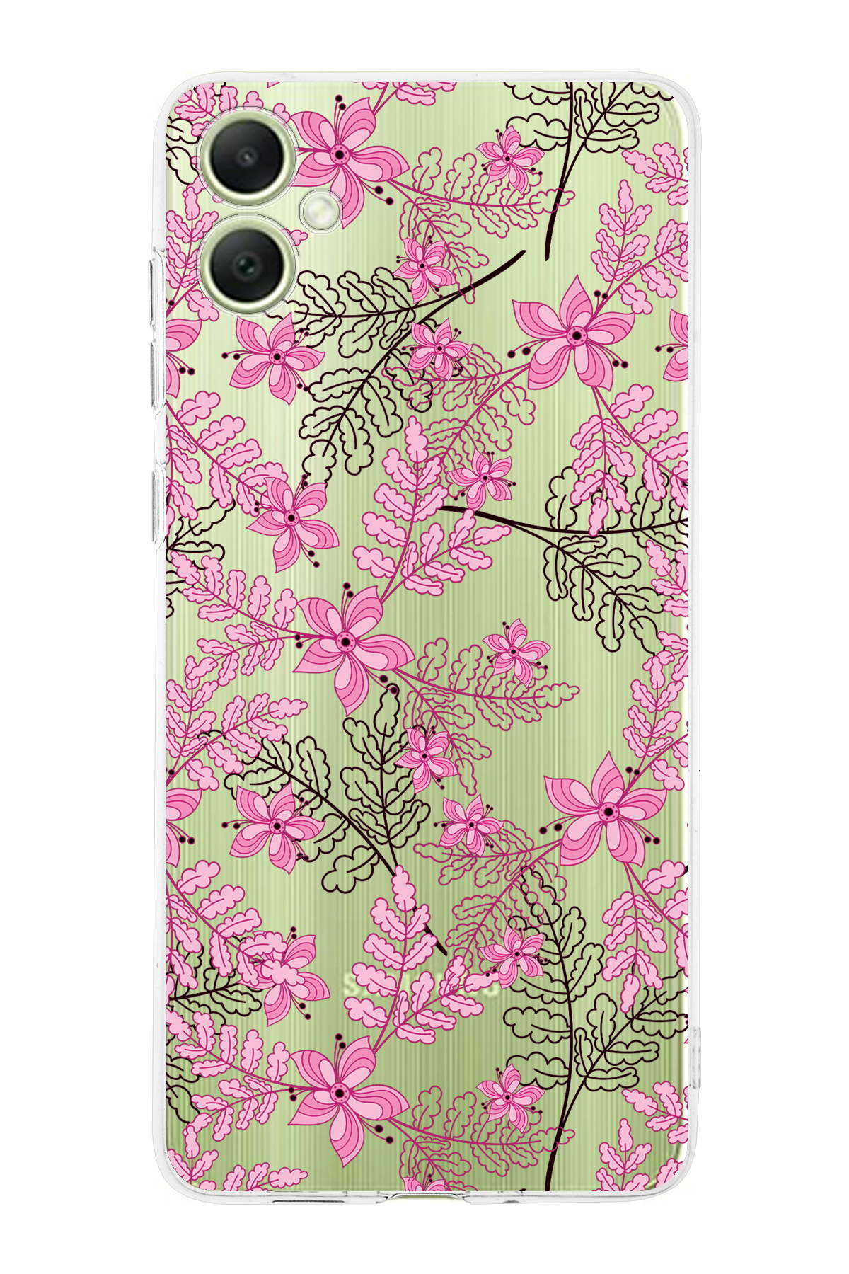 Samsung A05 Uyumlu Kamera Korumalı Floral Pembe Tasarımlı Şeffaf Silikon Kılıf