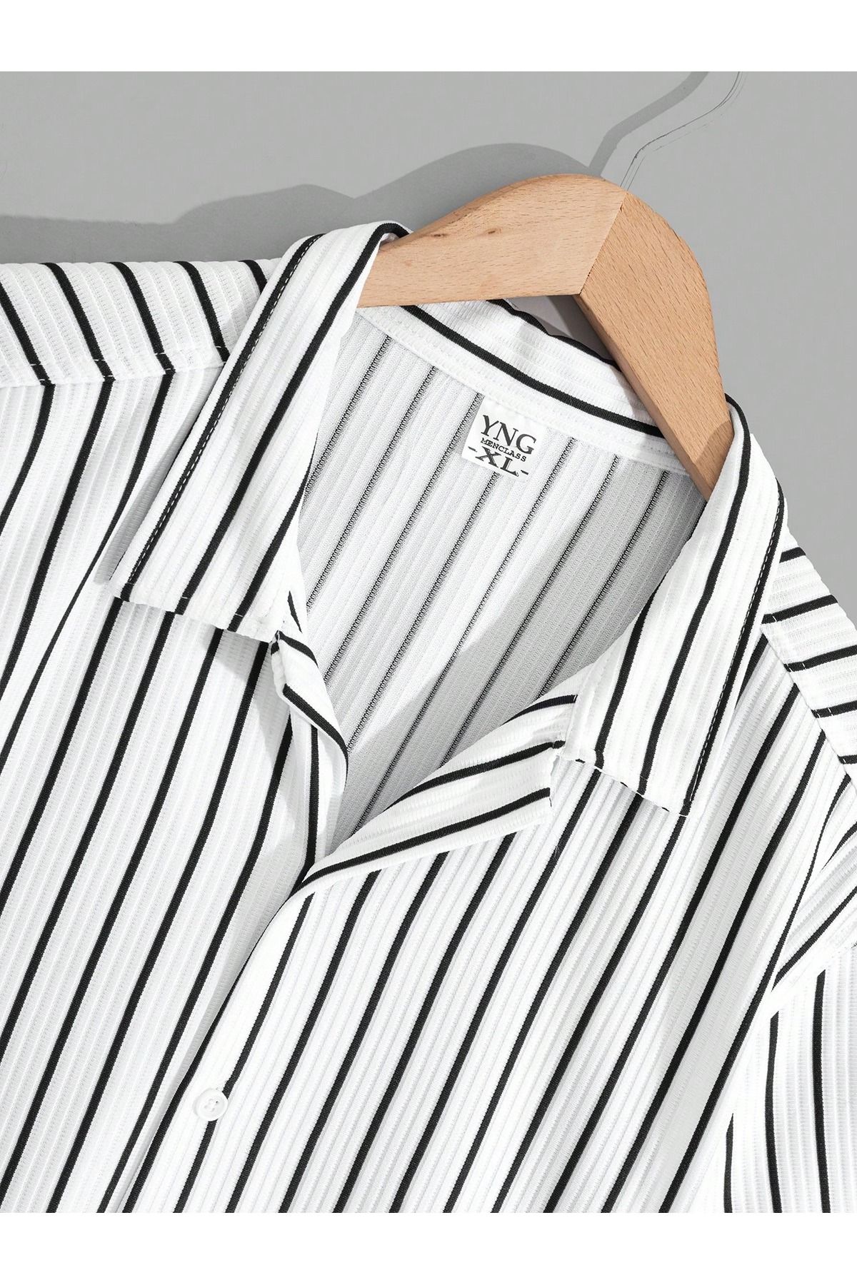 YNGMENCLASS-Striped Cotton Texture 2-Piece Shirt Set 7