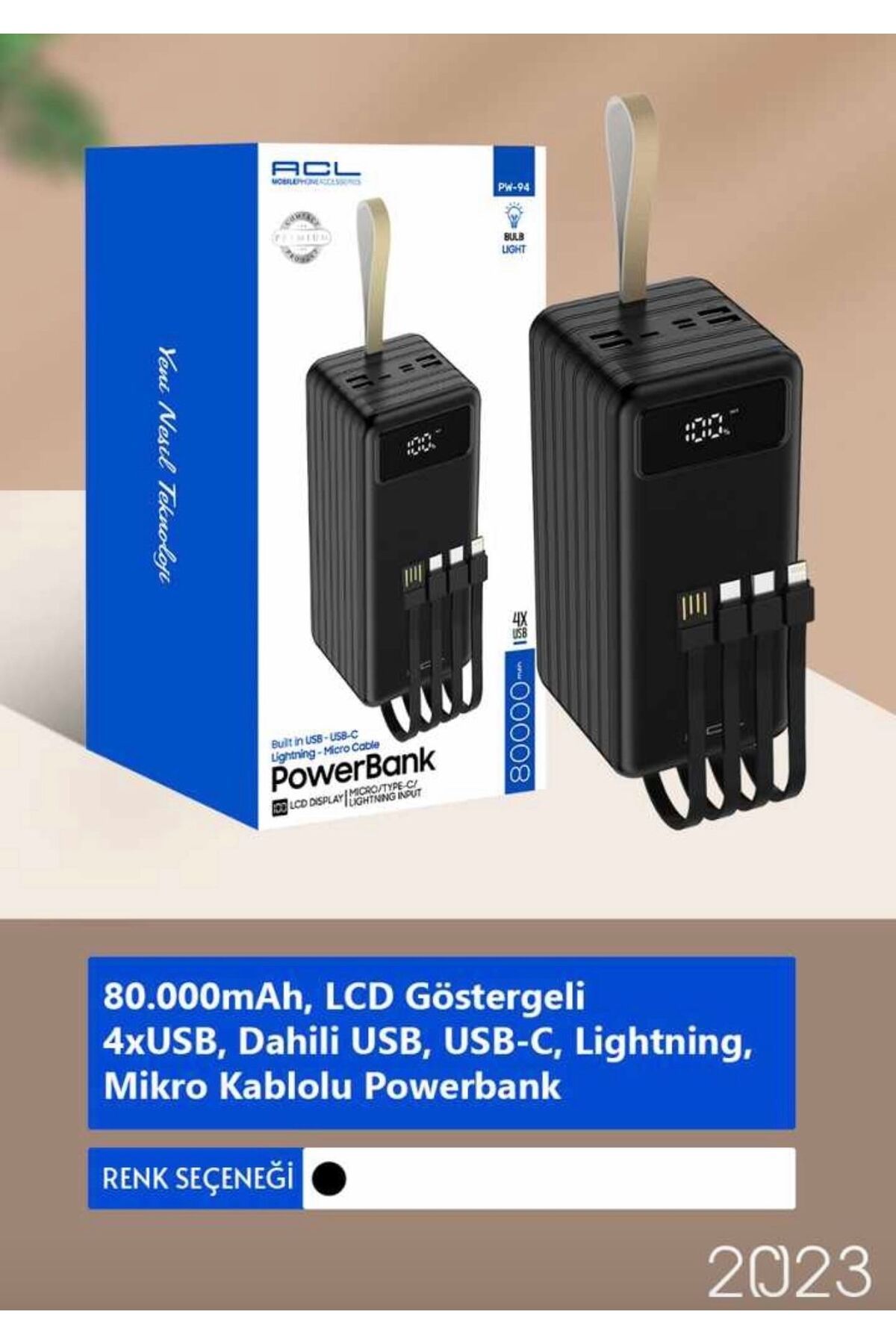 80.000 mAH LCD Göstergeli Kamp Işıklı Kablolu Powerbank
