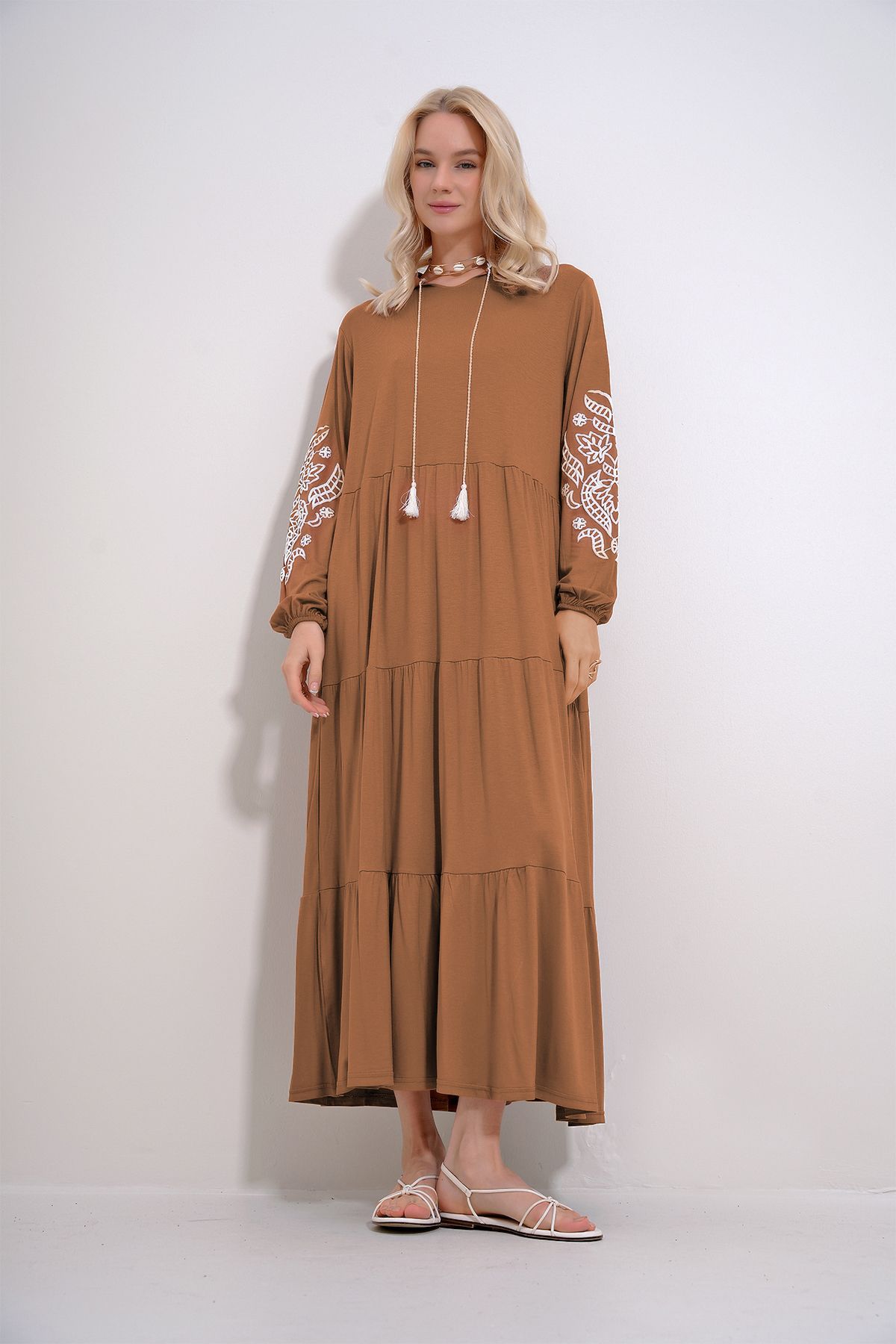 Trend Alaçatı Stili-Women's Caramel Prevailing Collar Sleeves Flock Printed Layered Flounced Viscose Dress ALC-X12085 3