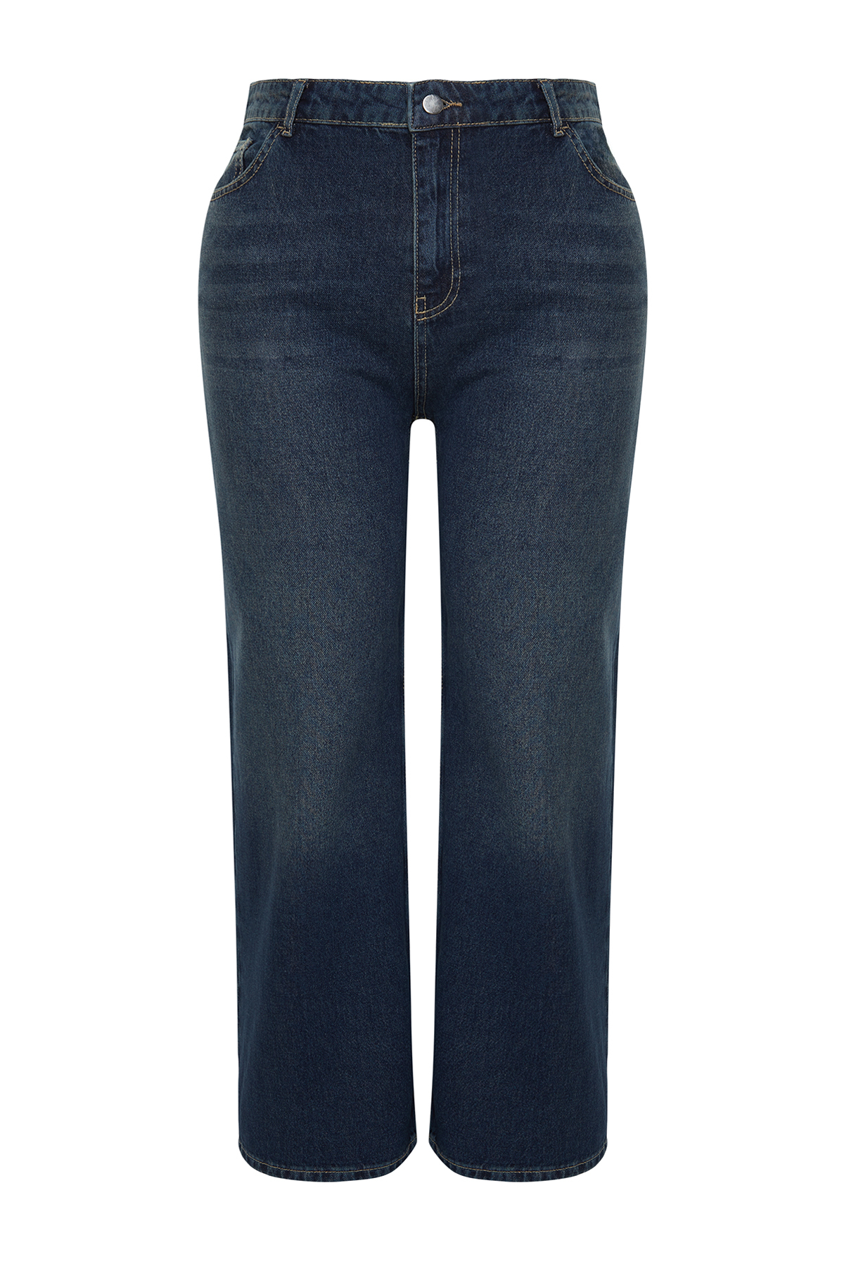 Trendyolmilla  Koyu Mavi Yüksek Bel Straight Fit %100 Pamuk Non-Strerch Denim Büyük Beden Jeans TBBSS24CJ00050 - Görsel 7