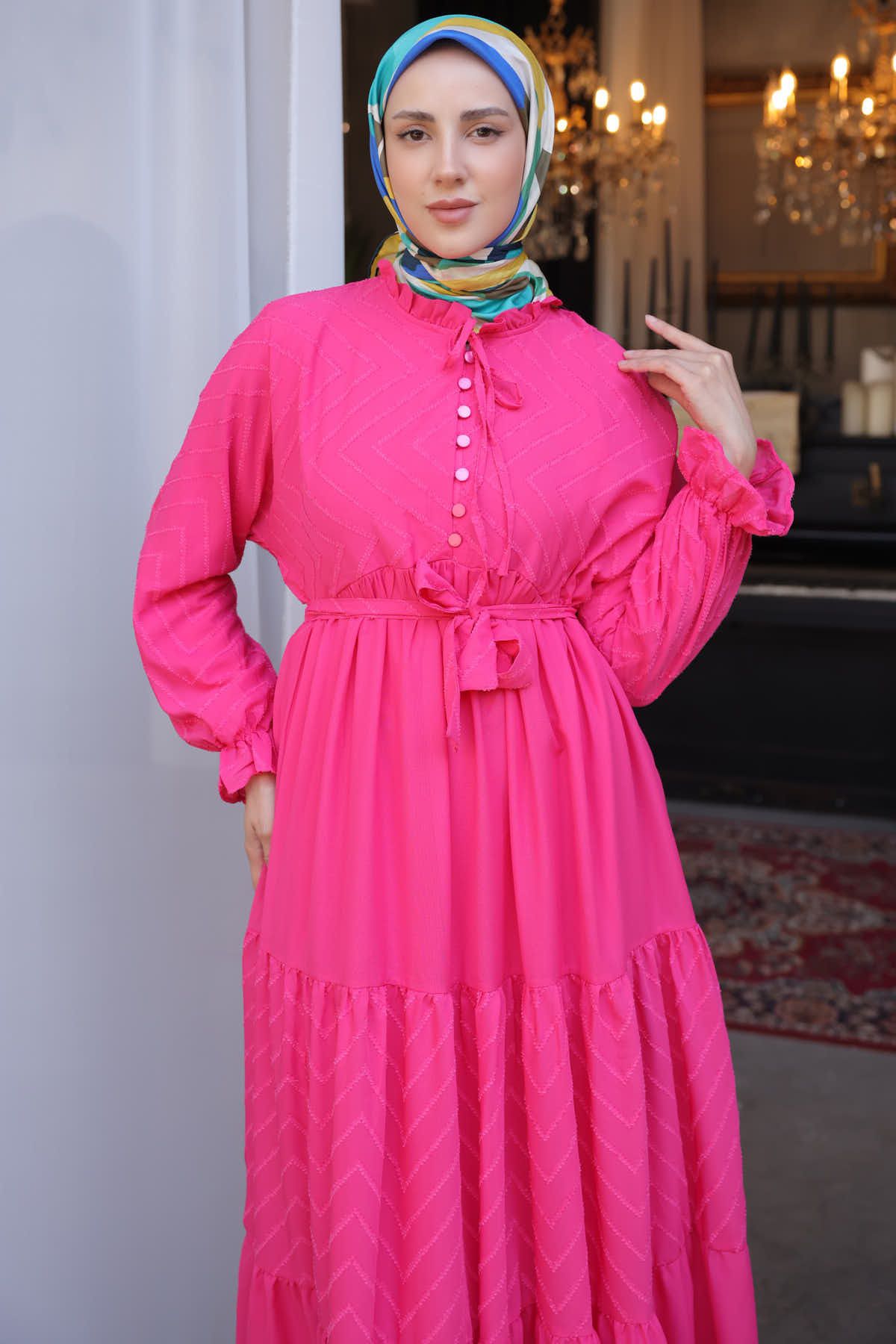 benguen-1423 Rochie din șifon cu nasturi în față Fuchsia 2
