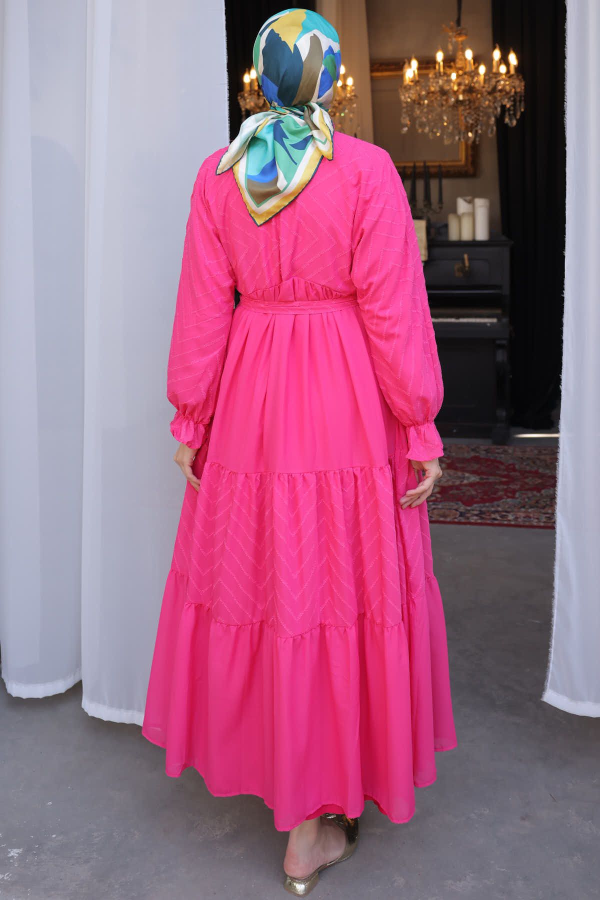 benguen-1423 Rochie din șifon cu nasturi în față Fuchsia 5