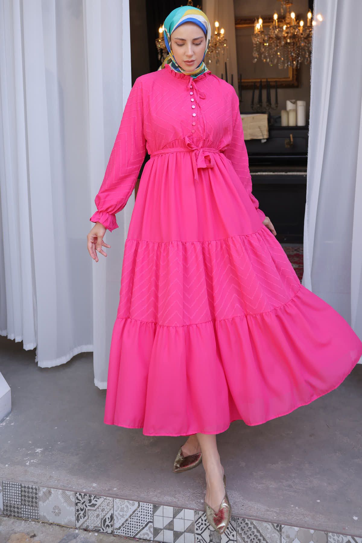 benguen-1423 Rochie din șifon cu nasturi în față Fuchsia 4
