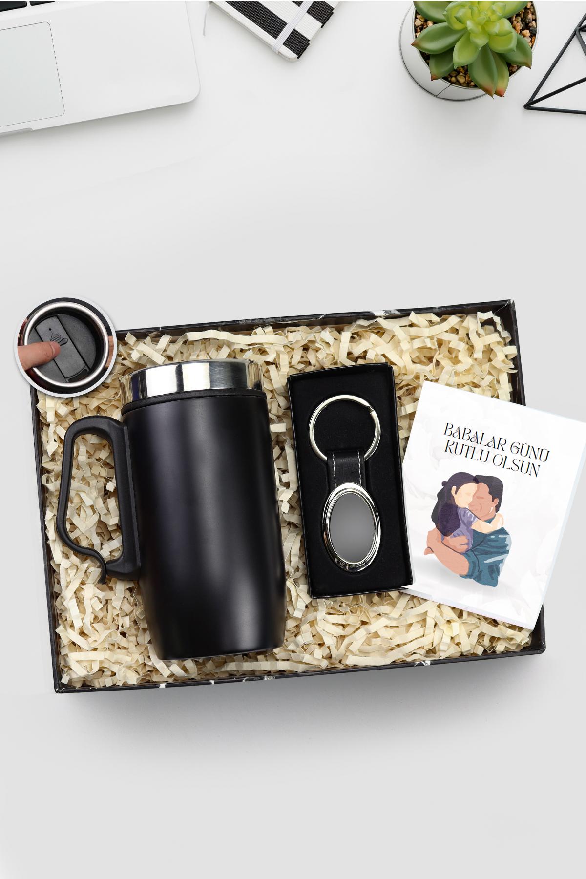 Trendmiya 280 ML Kulplu Siyah Çelik Termos & Elips Anahtarlık Hediye Seti