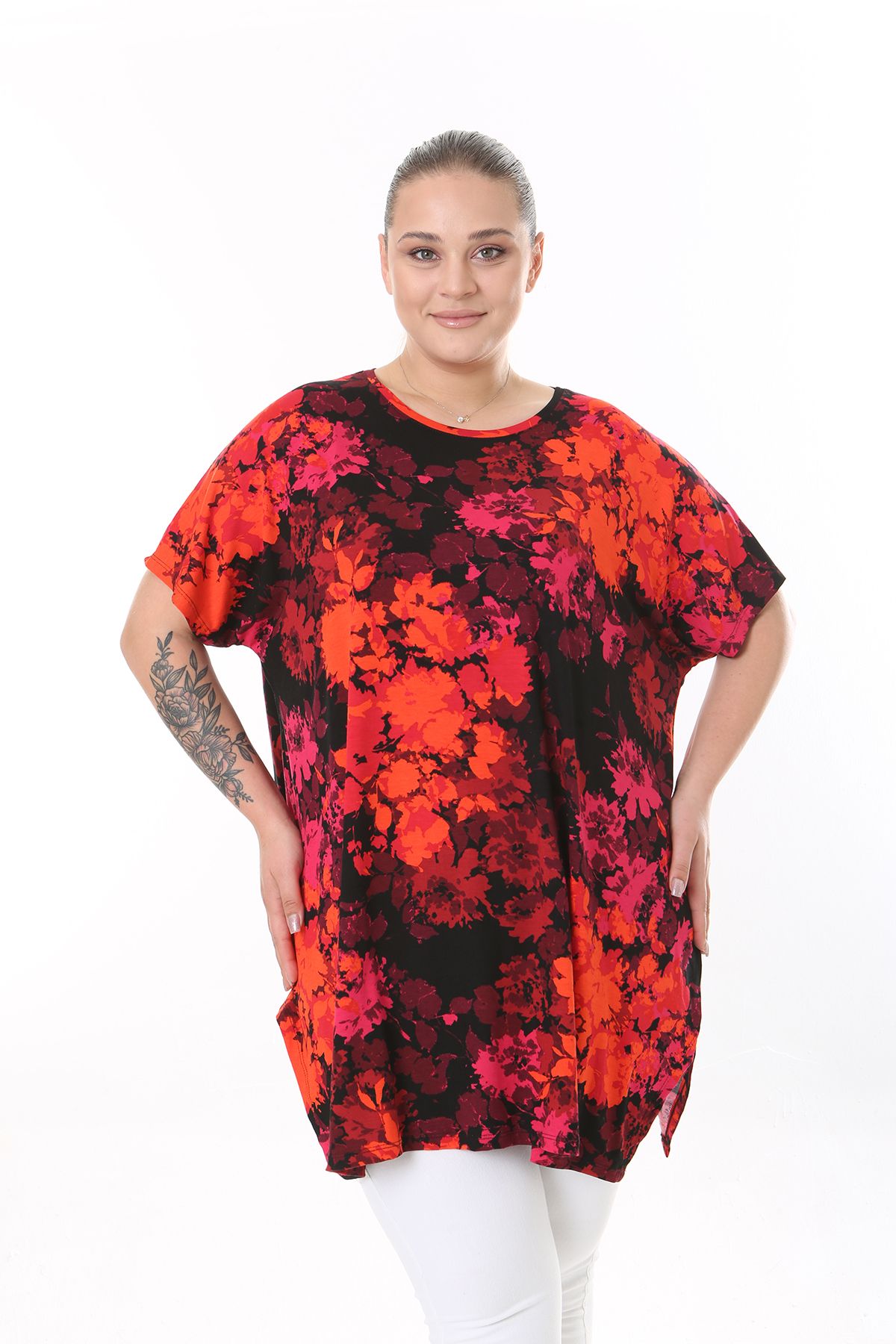 XL Modam-Plus Size Black Red Printed Lycra Tunic 4