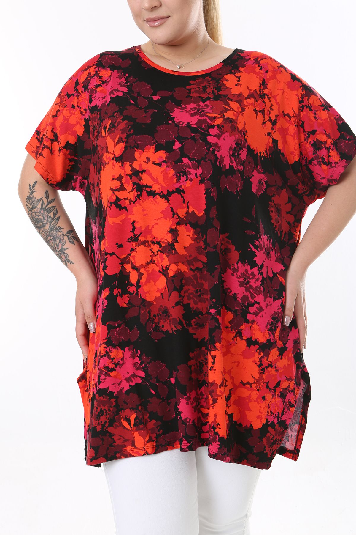 XL Modam-Plus Size Black Red Printed Lycra Tunic 7