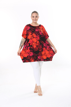 XL Modam KADIN BÜYÜK BEDEN SİYAH KIRMIZI BASKILI LİKRALI TUNİK