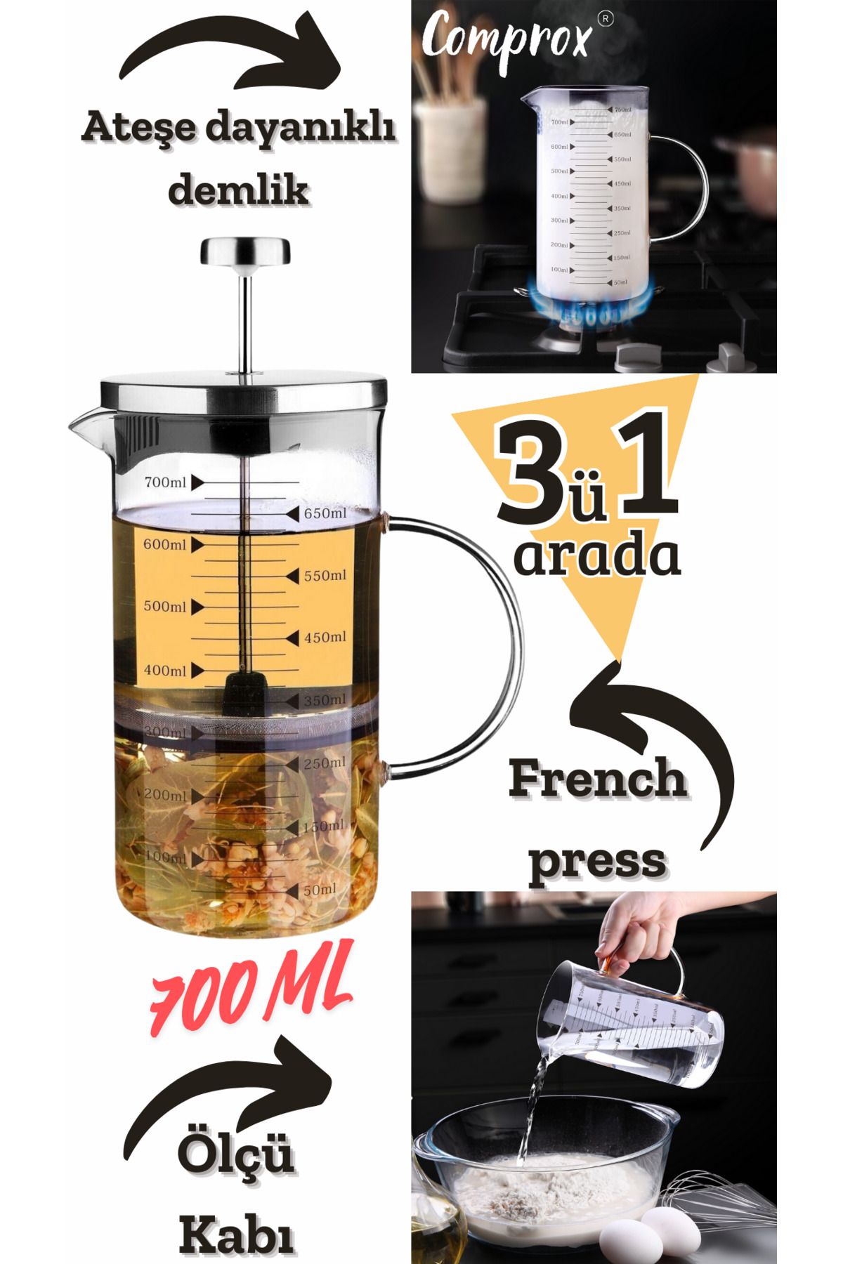 Comprox-Cambu 700ml 3 IN 1 (FIRE RESISTANT) French Press Teapot, Measurement Container 3