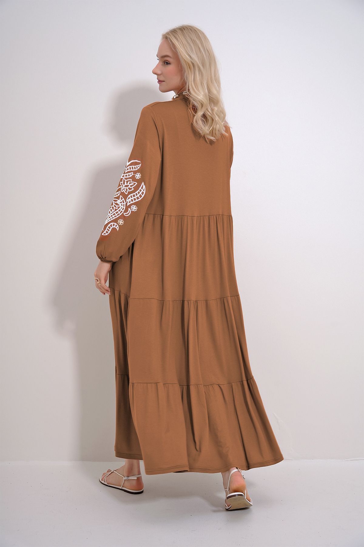 Trend Alaçatı Stili-Women's Caramel Prevailing Collar Sleeves Flock Printed Layered Flounced Viscose Dress ALC-X12085 4