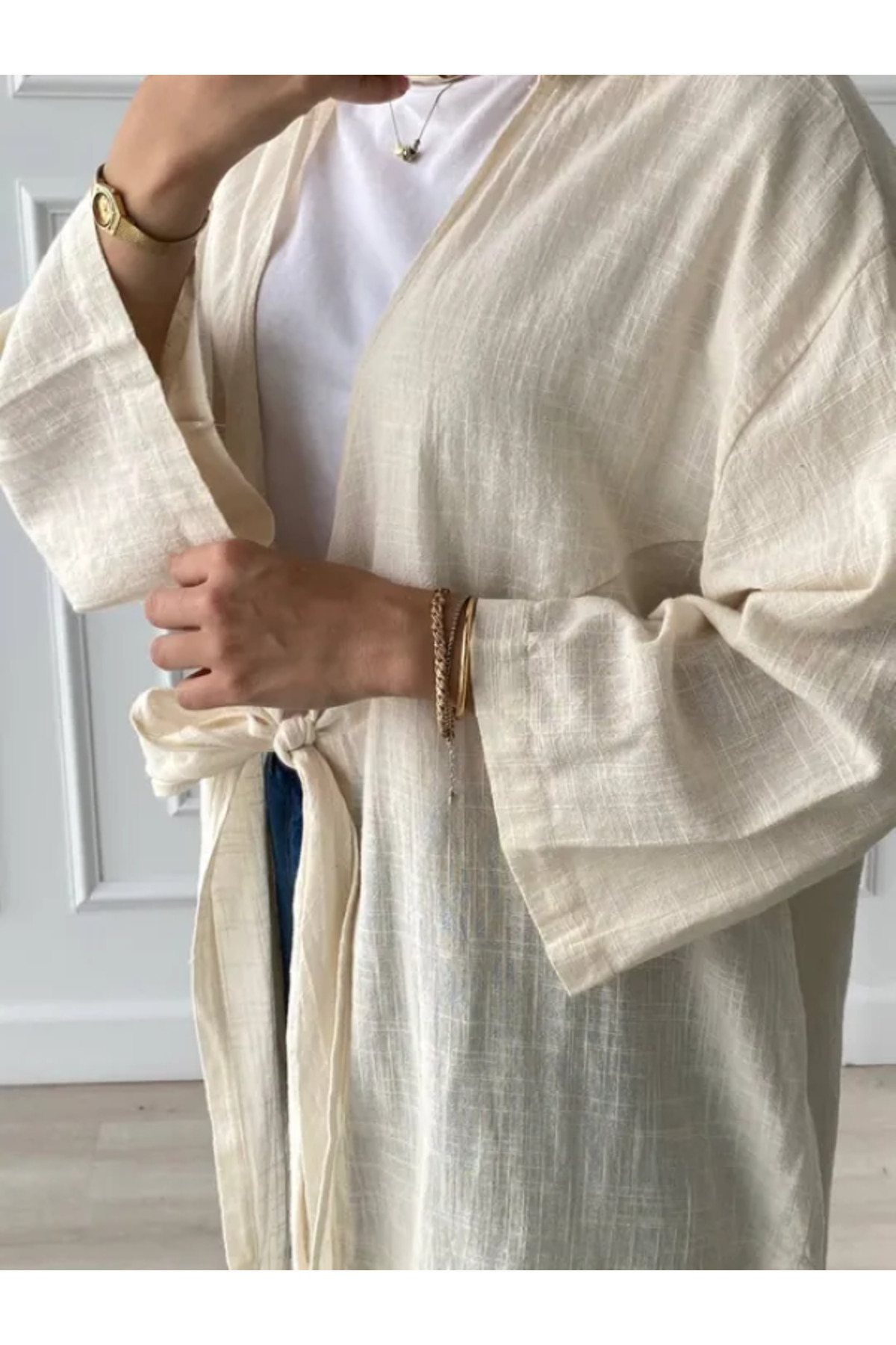 Kadın Keten Kimono Gömlek Taş Uzun Kollu - Görsel 6