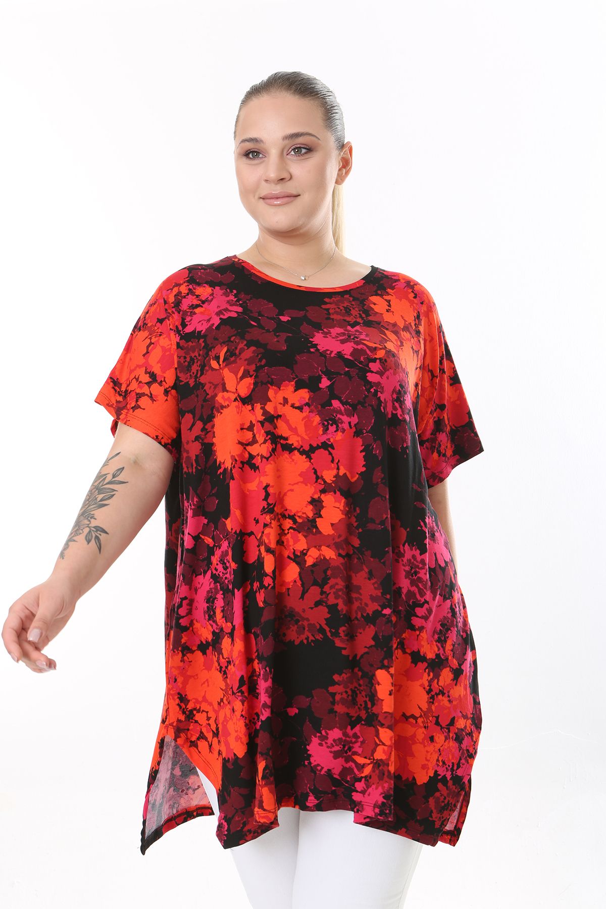 XL Modam-Plus Size Black Red Printed Lycra Tunic 6