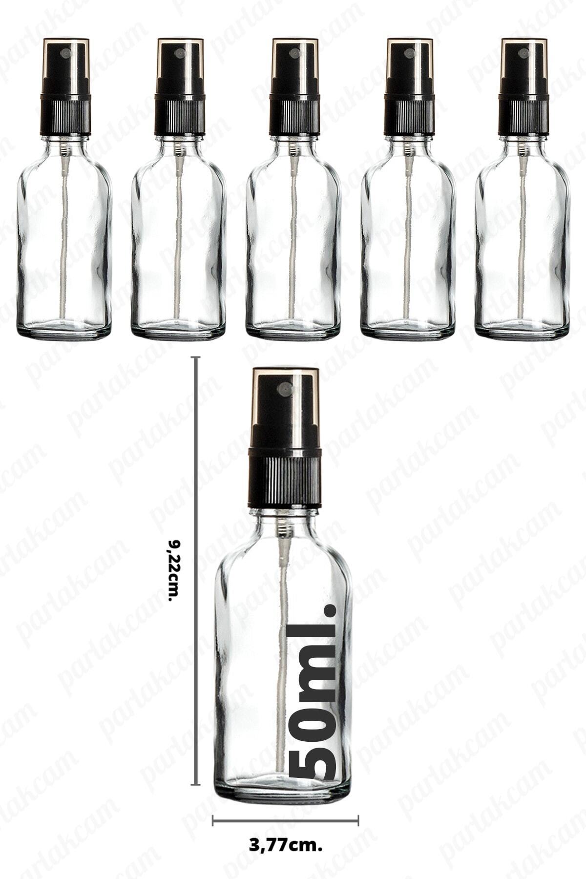 wellLine 50ml Şeffaf Cam Şişe Siyah Sprey Başlıklı Kolonya, Parfüm Vb. Sıvılara Uygun Cam Sprey Şişe 5 Adet