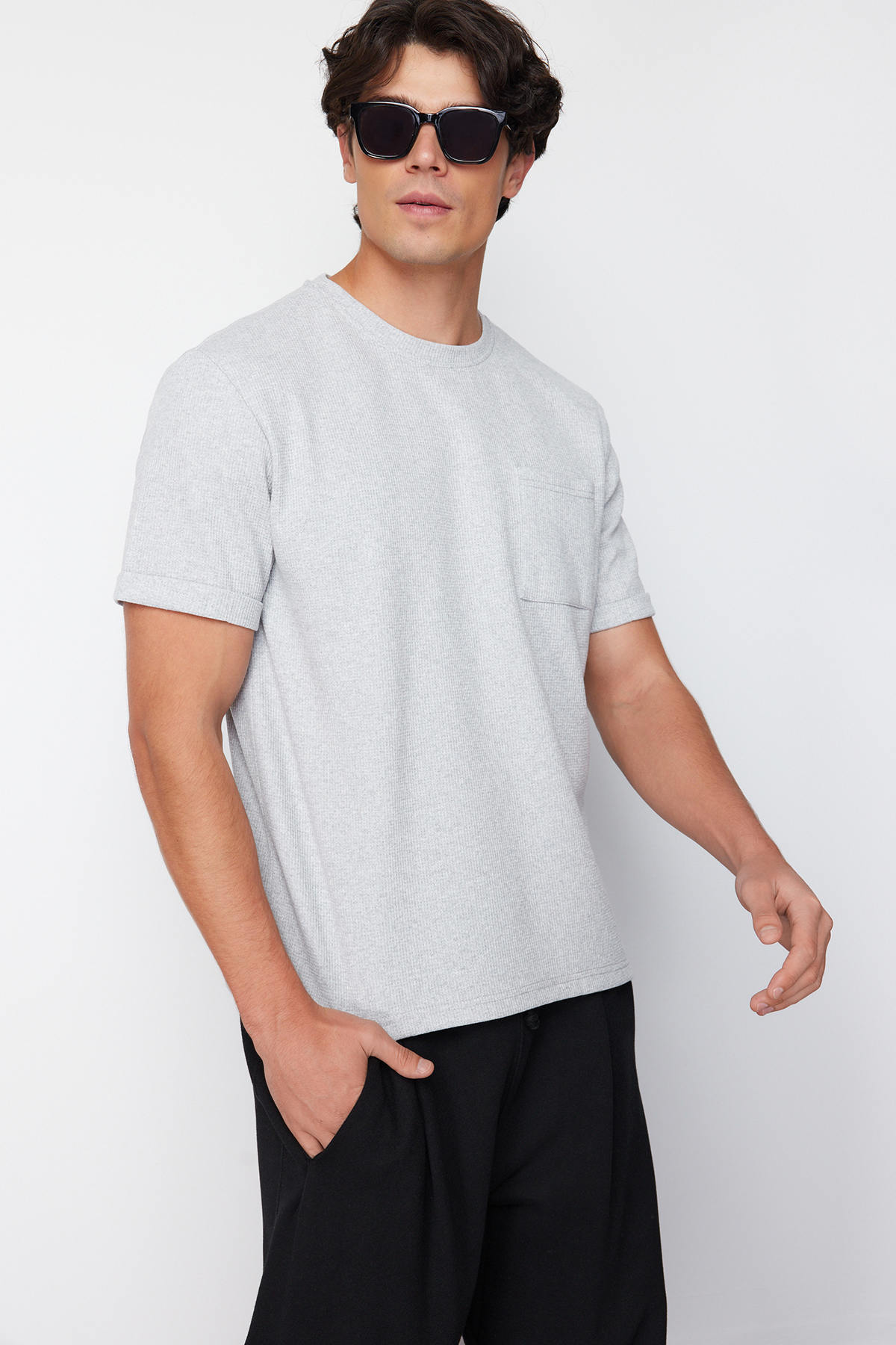 Trendyol Collection Basic Gray Relaxed/Comfortable Fit Textured Waffle Pocket Label Short Sleeve T-Shirt TMNSS23TS00077