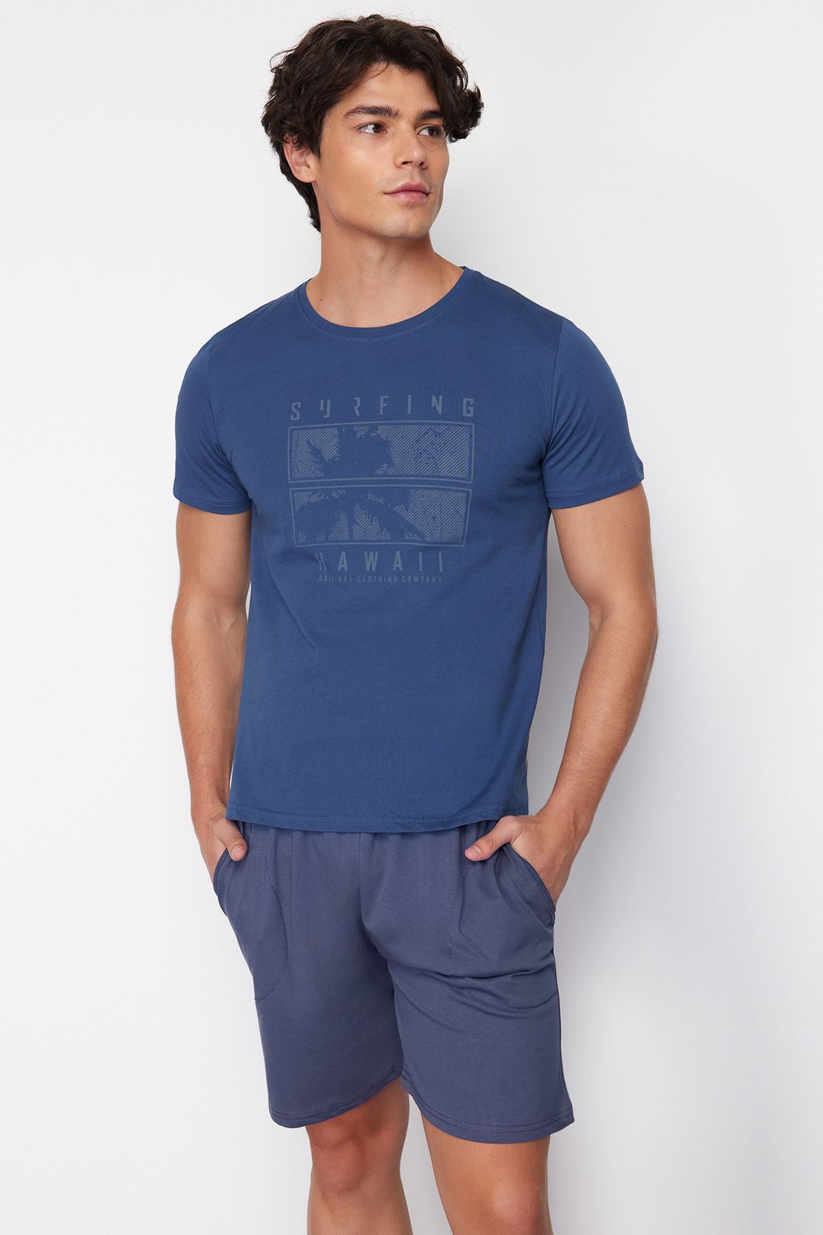 Trendyol Collection-Regular Fit Indigo Printed Knitted Pajamas Set - TMNSS24PT00044 3