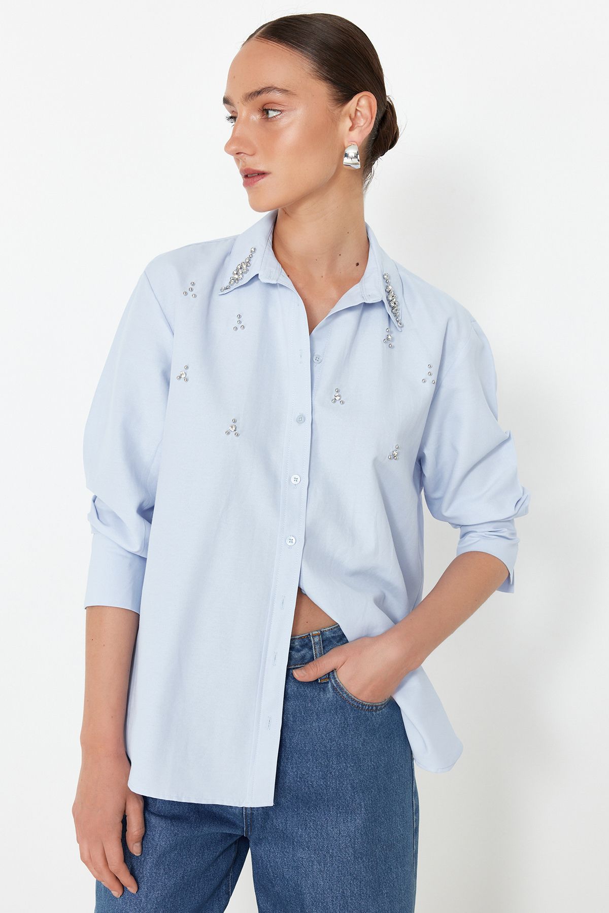 Trendyol Collection Jasnoniebieska Koszula Z Tkaniny W Kamienie - Regular Fit Kobieta - 40