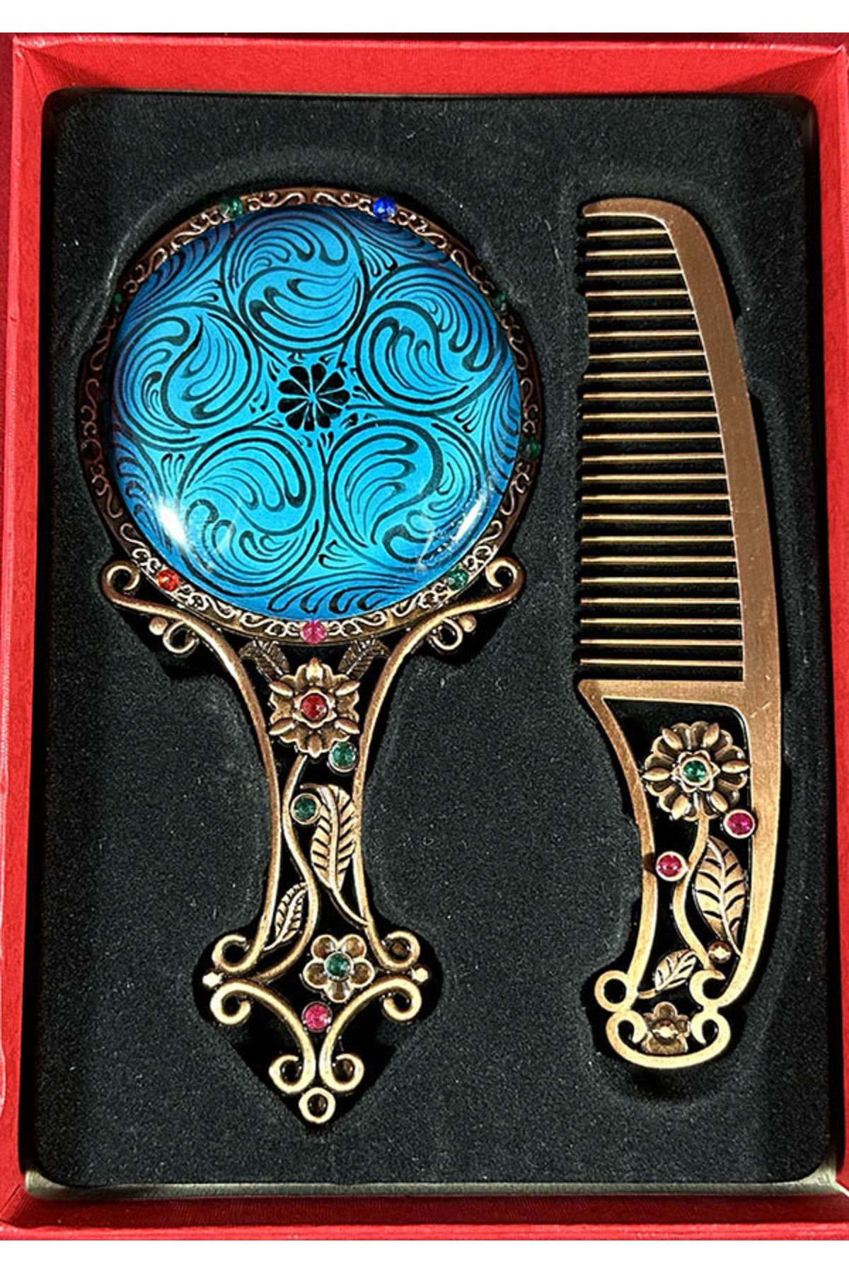 Çini Evi-Light Blue Floor Gold Patterned Scalloped Mirror Set 1