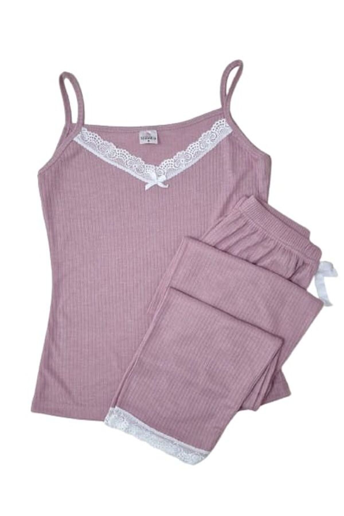 Manolya Kadın İp Askı Yaka ve Paça Güpürlü Lila Fitilli Kaşkorse Pijama Takımı