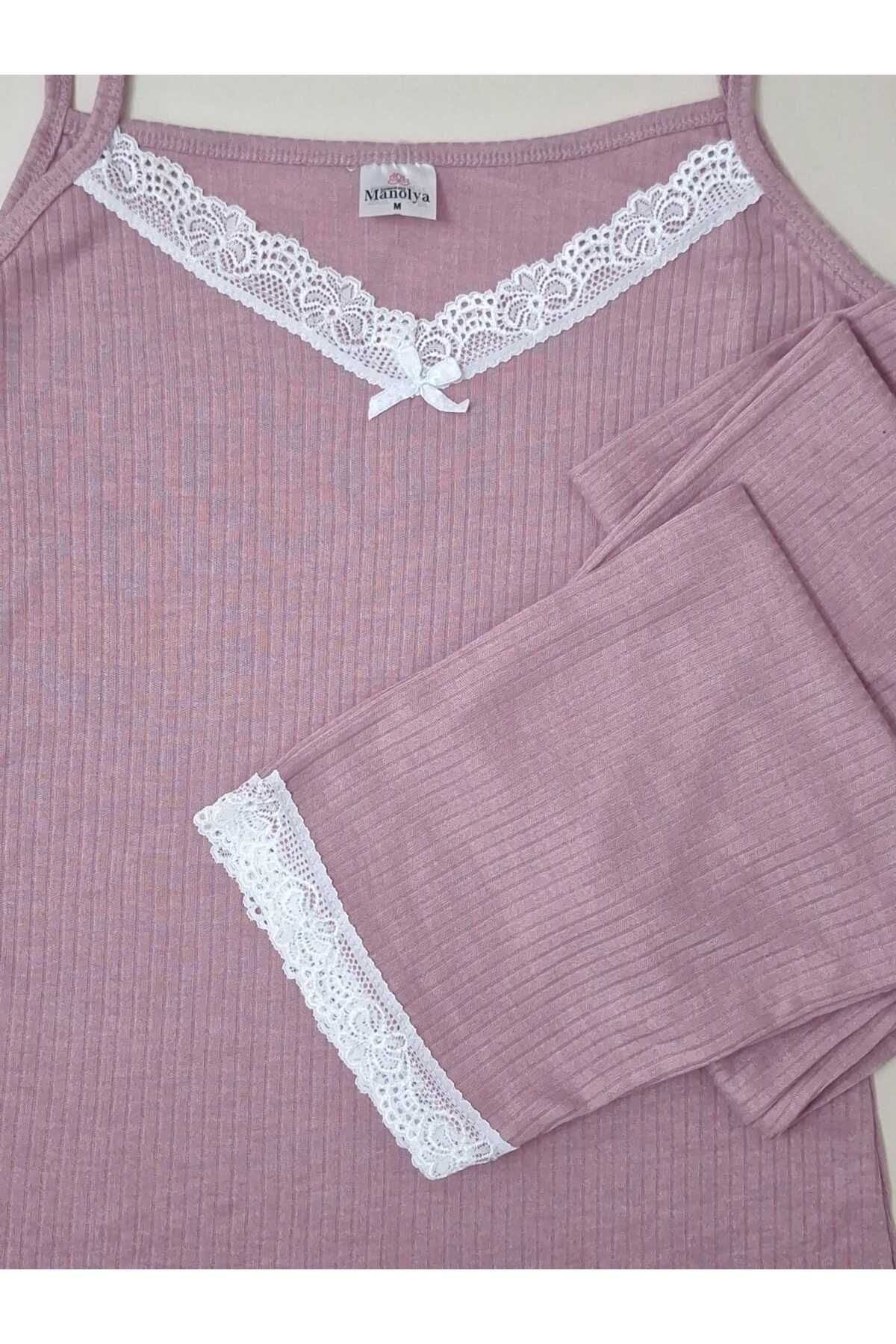 Manolya Kadın İp Askı Yaka ve Paça Güpürlü Lila Fitilli Kaşkorse Pijama Takımı