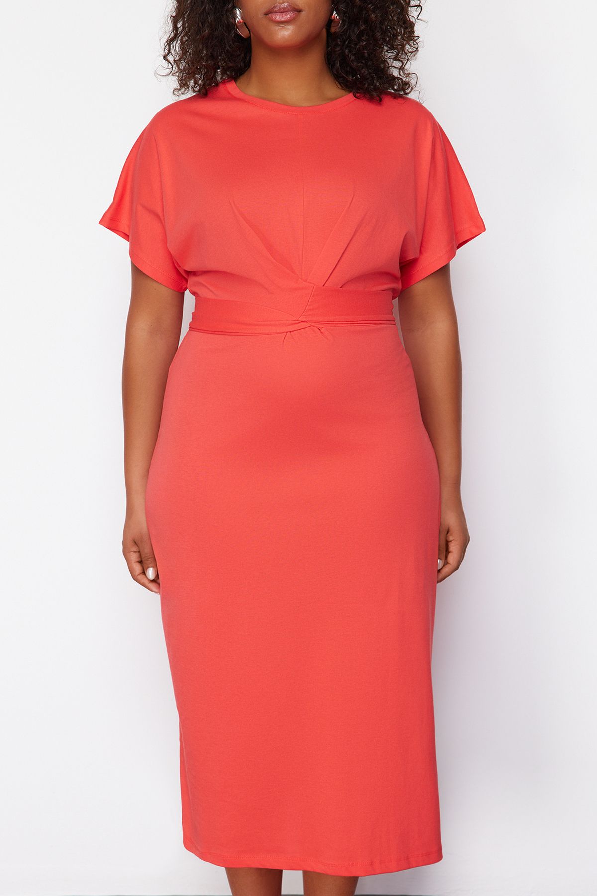 Trendyol Curve-Rotes Maxi-/Lang-Strickkleid – Gerader Schnitt, Bindedetail und Schlitz 100 % Baumwolle TBBSS22EL1640 4