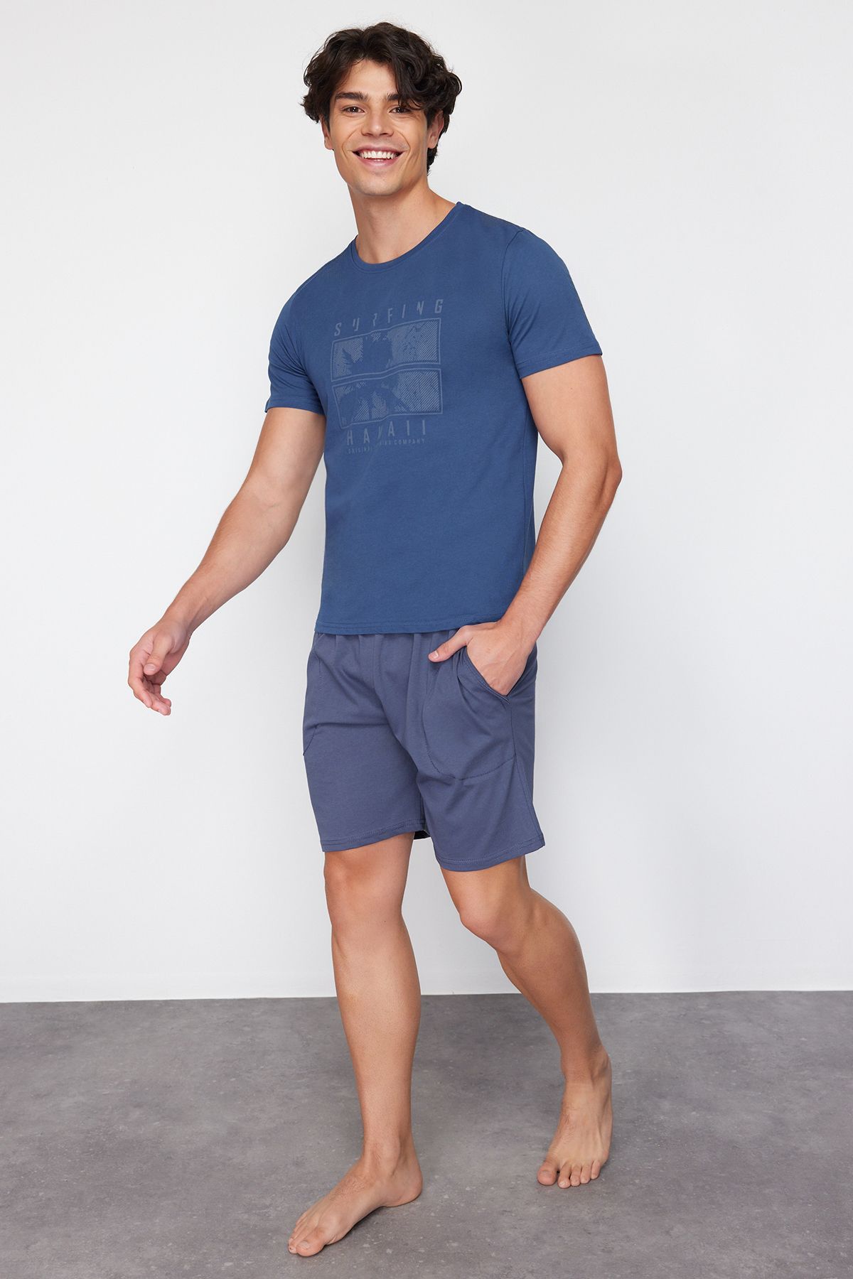 Trendyol Collection-Regular Fit Indigo Printed Knitted Pajamas Set - TMNSS24PT00044 1