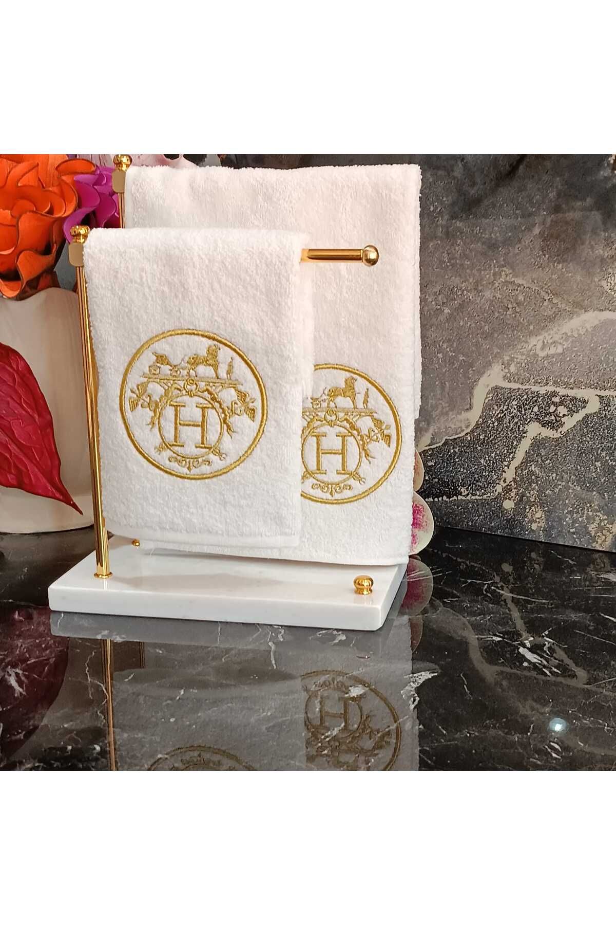 HERMES LOGO DESENLİ GOLD  NAKIŞ DETAYLI MUTFAK VE BANYO HAVLUSU 2 ADET