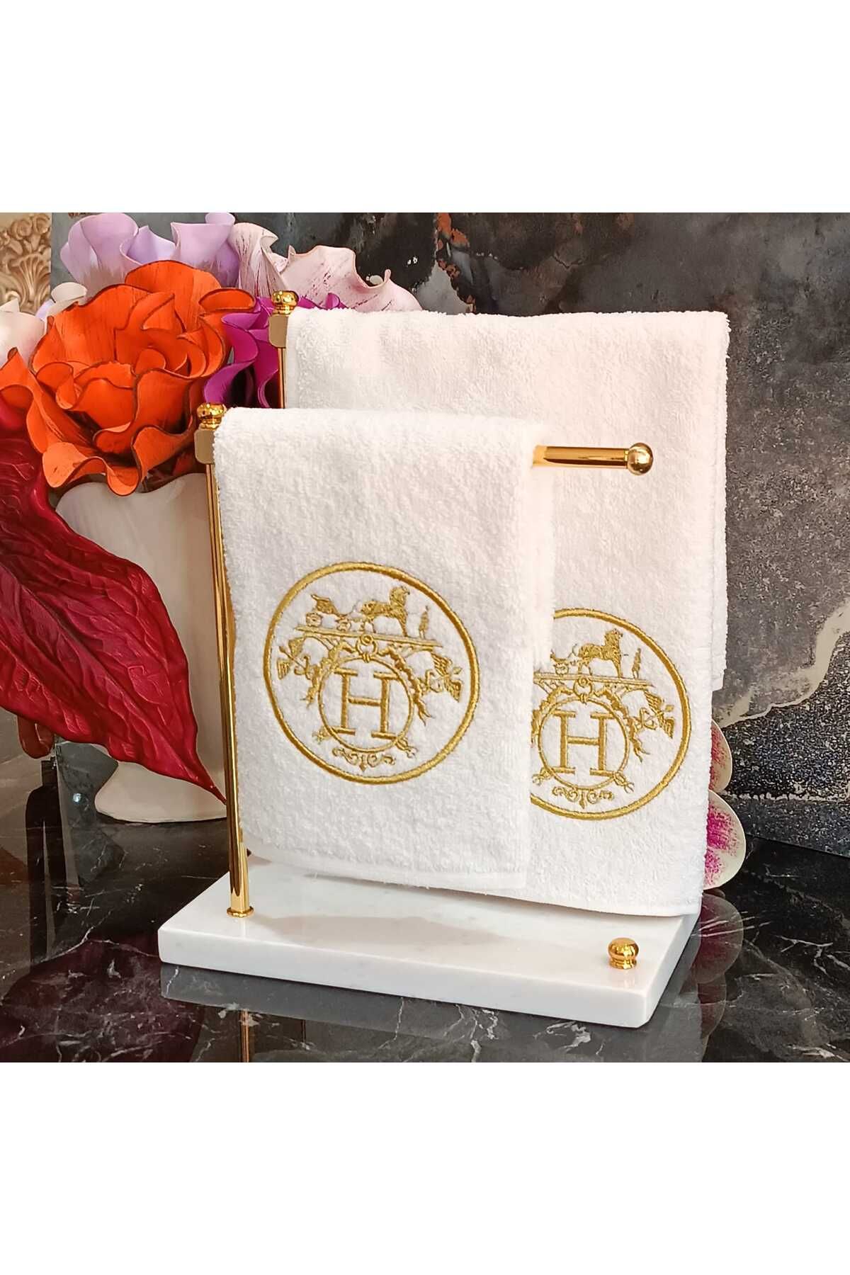 HERMES LOGO DESENLİ GOLD NAKIŞ DETAYLI MUTFAK VE BANYO HAVLUSU 2 ADET