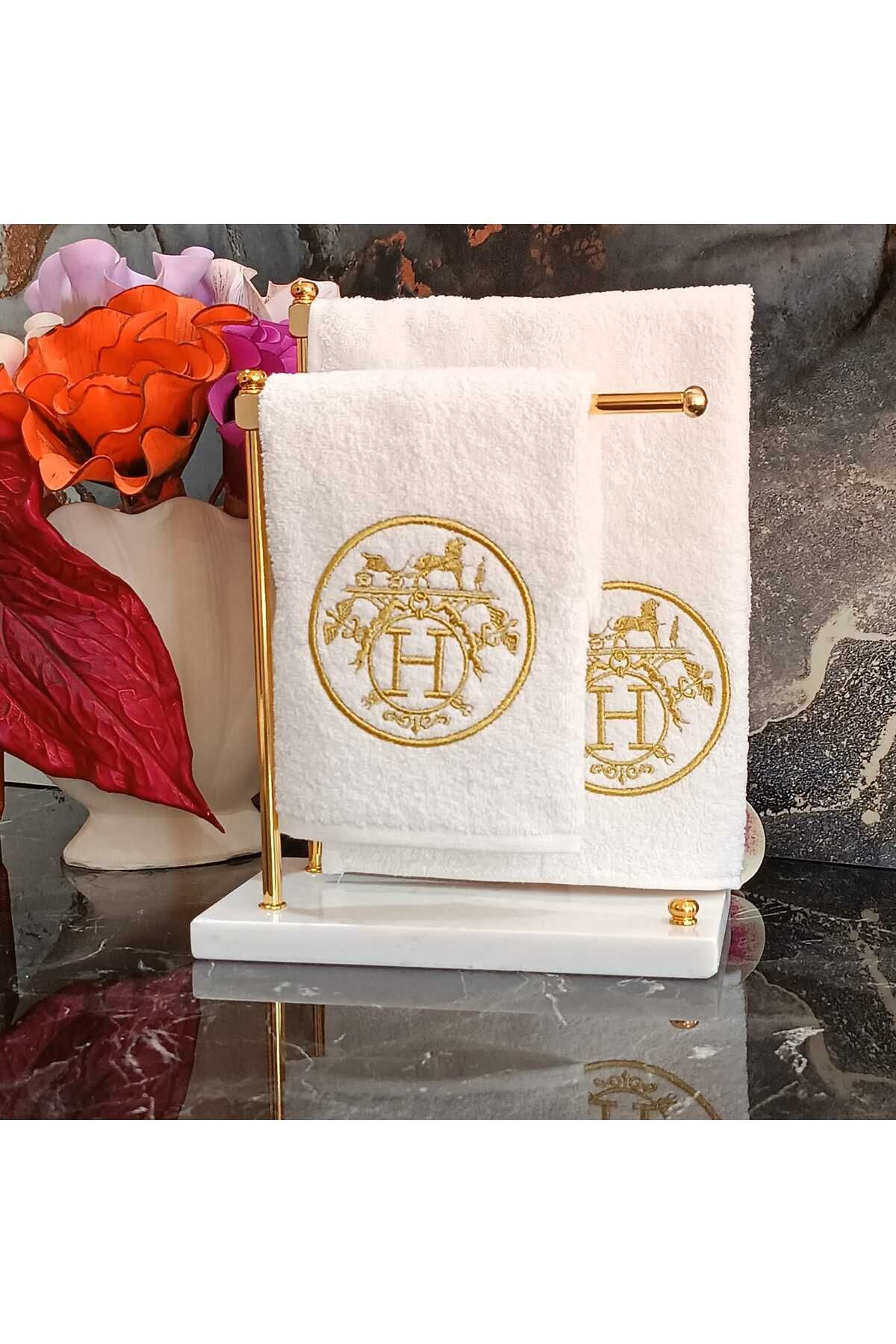 HERMES LOGO DESENLİ GOLD  NAKIŞ DETAYLI MUTFAK VE BANYO HAVLUSU 2 ADET