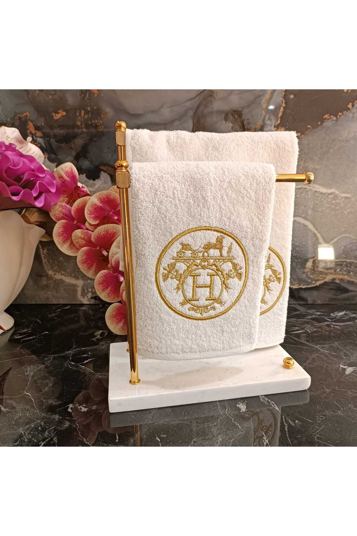 HERMES LOGO DESENLİ GOLD  NAKIŞ DETAYLI MUTFAK VE BANYO HAVLUSU 2 ADET