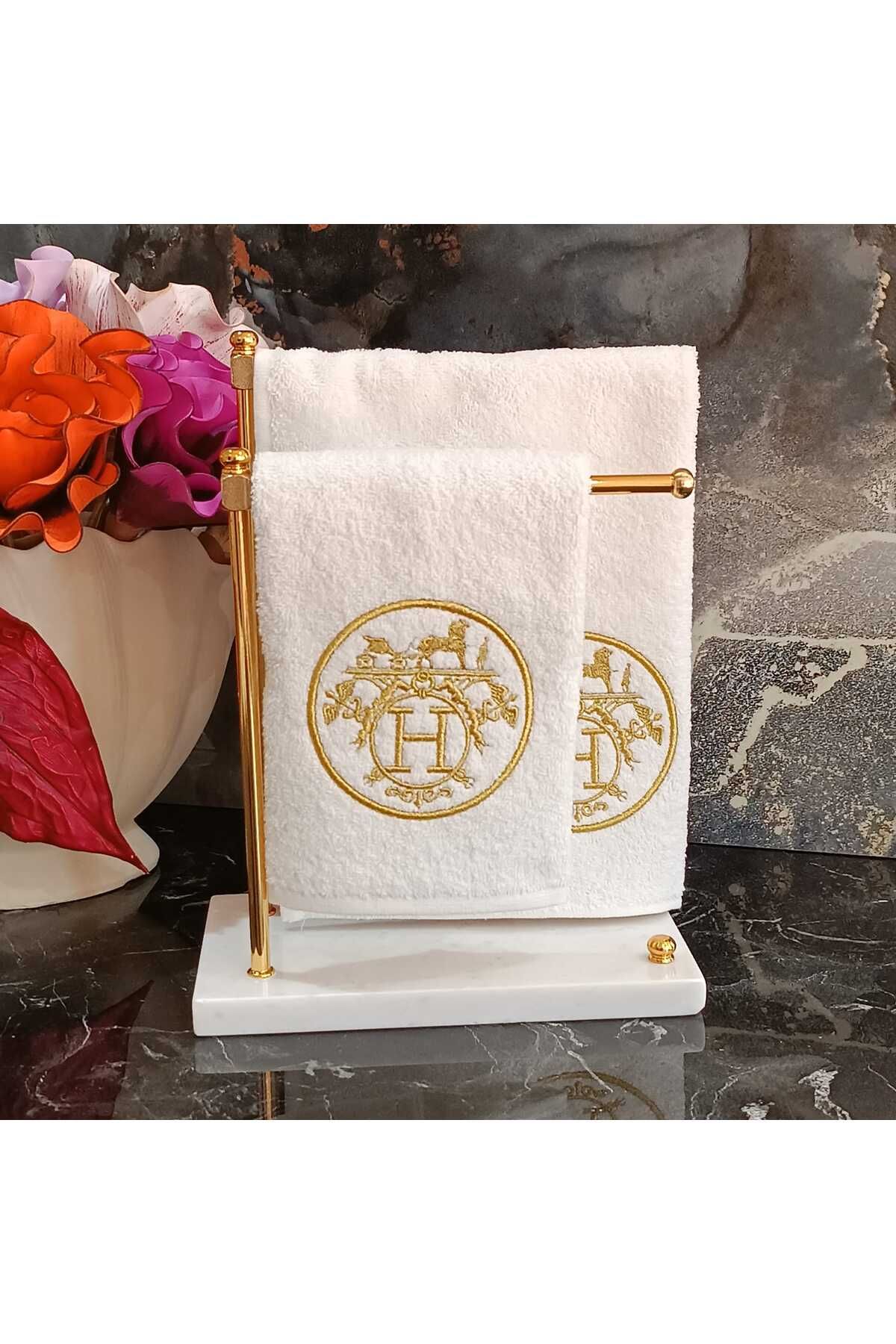 HERMES LOGO DESENLİ GOLD  NAKIŞ DETAYLI MUTFAK VE BANYO HAVLUSU 2 ADET