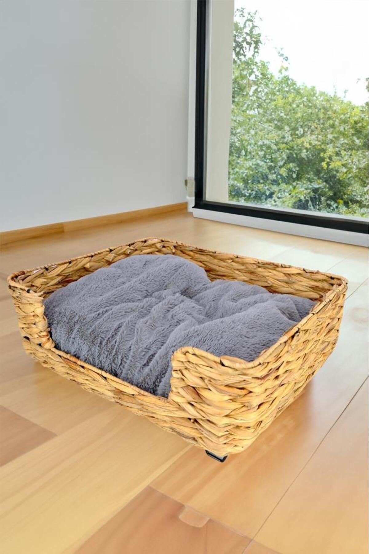 Digithome-Wicker Rectangular Cat and Dog Bed with Inner Cushion 50 Cm Brown - CL-4039 C1-1-121 1