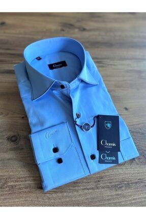 Klasik Kesim Orta Polat Mavi Italyan Yaka Siyah Süs Dikişli Gömlek CH90575